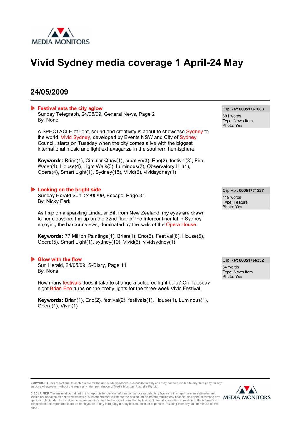 Vivid Sydney Media Coverage 1 April-24 May