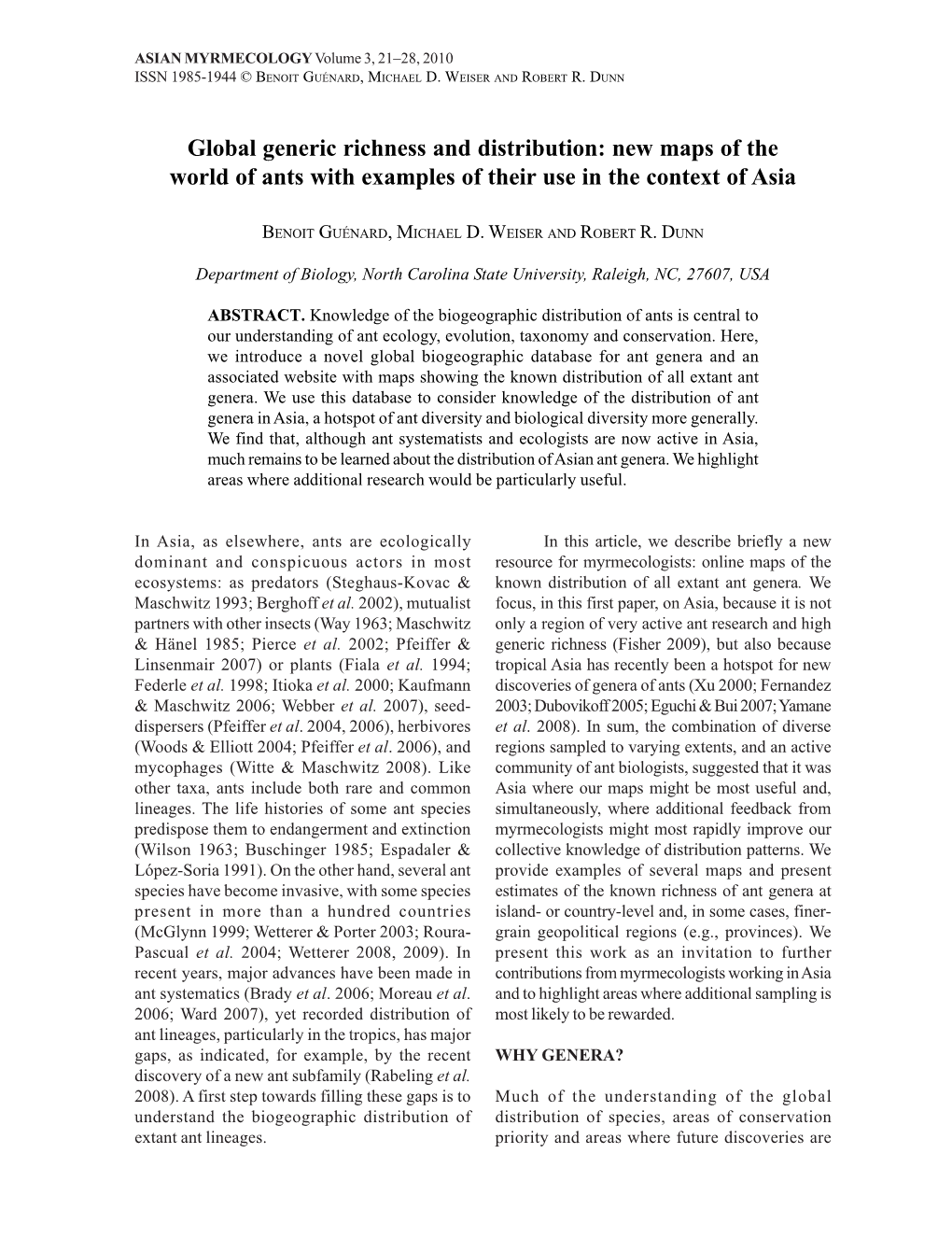 Global Generic Richness and Distribution: New Maps of the World of Ants with Examples of Their Use in the Context of Asia