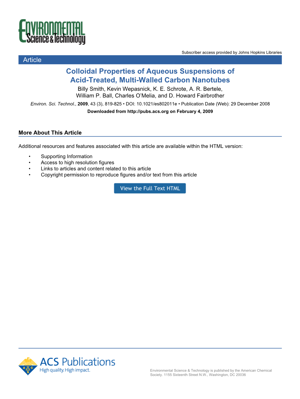 Colloidal Properties of Aqueous Suspensions of Acid-Treated, Multi-Walled Carbon Nanotubes Billy Smith, Kevin Wepasnick, K