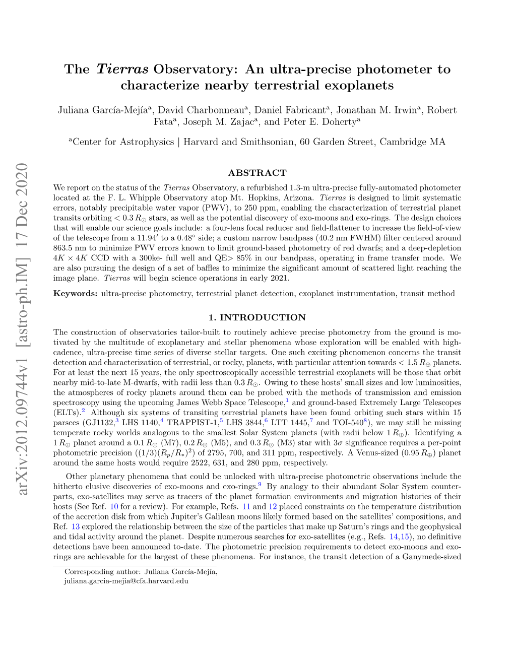 The Tierras Observatory: an Ultra-Precise Photometer to Characterize Nearby Terrestrial Exoplanets