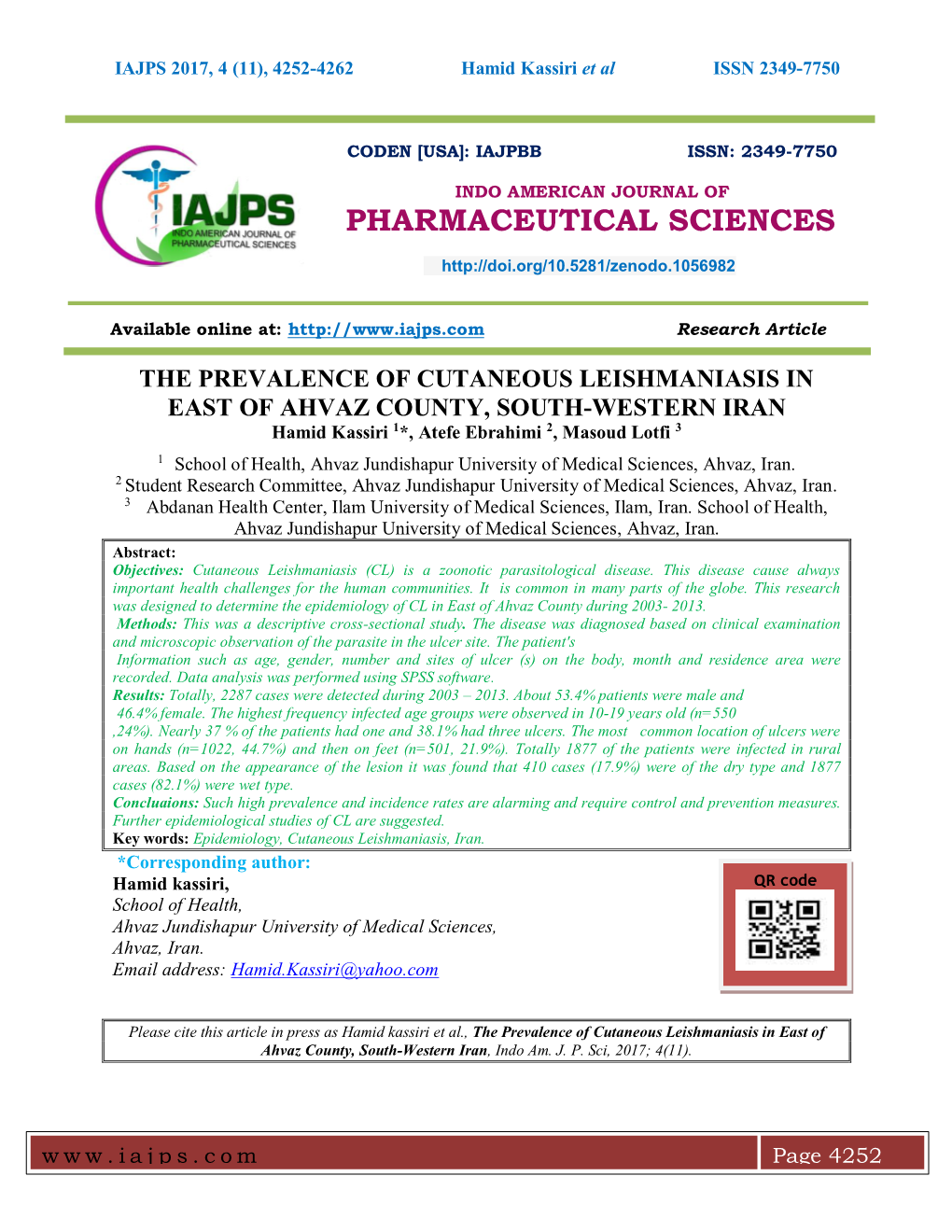 The Prevalence of Cutaneous Leishmaniasis in East of Ahvaz County