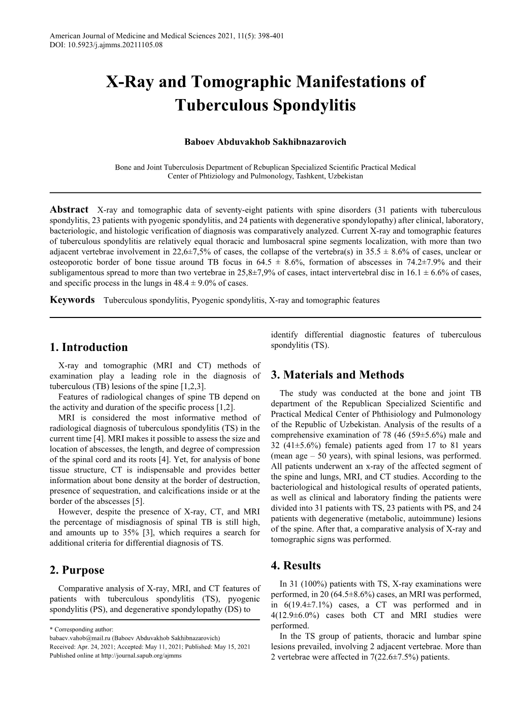 Tuberculous Spondylitis, Pyogenic Spondylitis, X-Ray and Tomographic Features