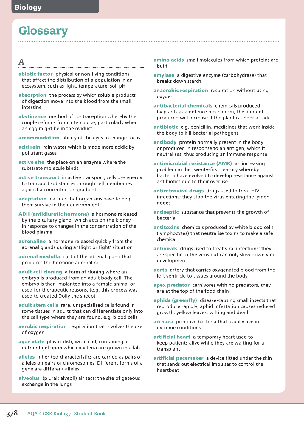 Revised Glossary for AQA GCSE Biology Student Book