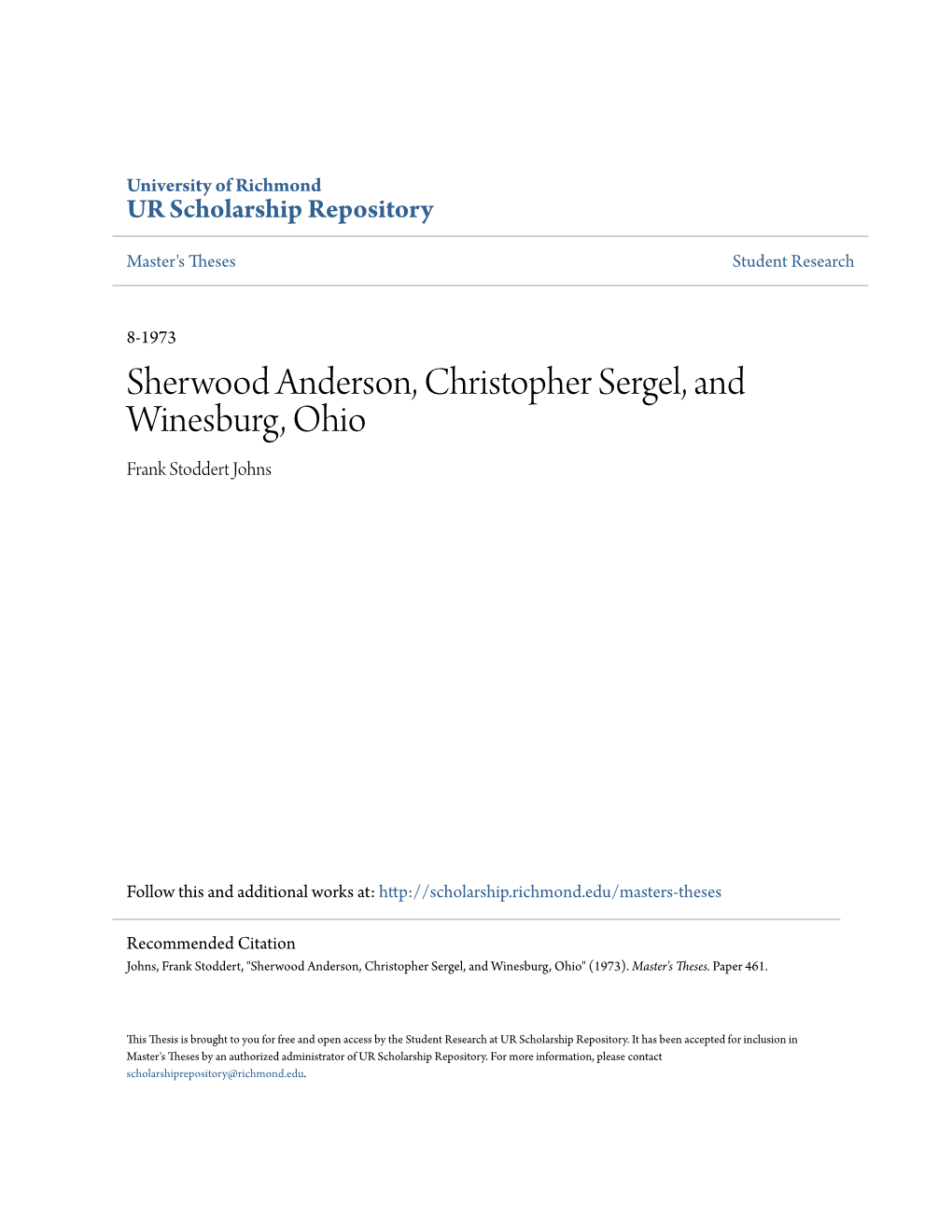 Sherwood Anderson, Christopher Sergel, and Winesburg, Ohio Frank Stoddert Johns