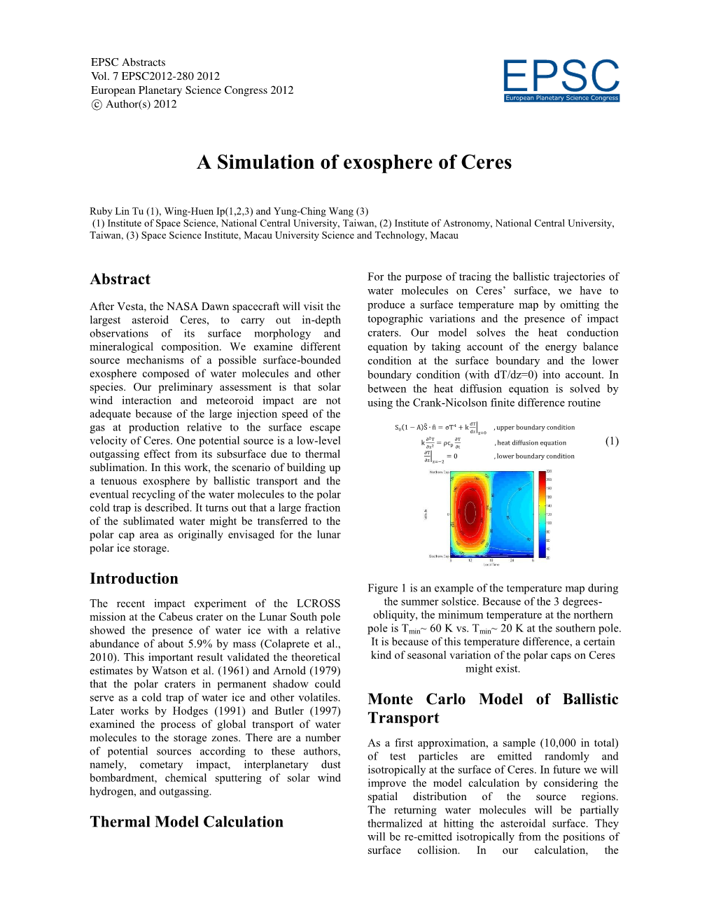 EPSC2012-280 2012 European Planetary Science Congress 2012 Eeuropeapn Planetarsy Science Ccongress C Author(S) 2012