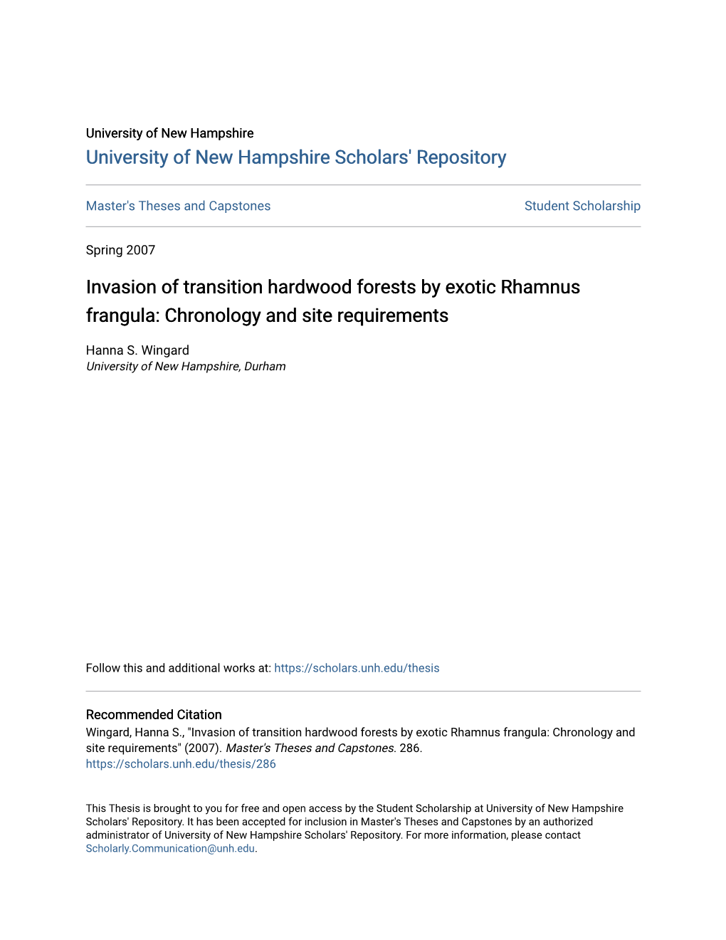 Invasion of Transition Hardwood Forests by Exotic Rhamnus Frangula: Chronology and Site Requirements