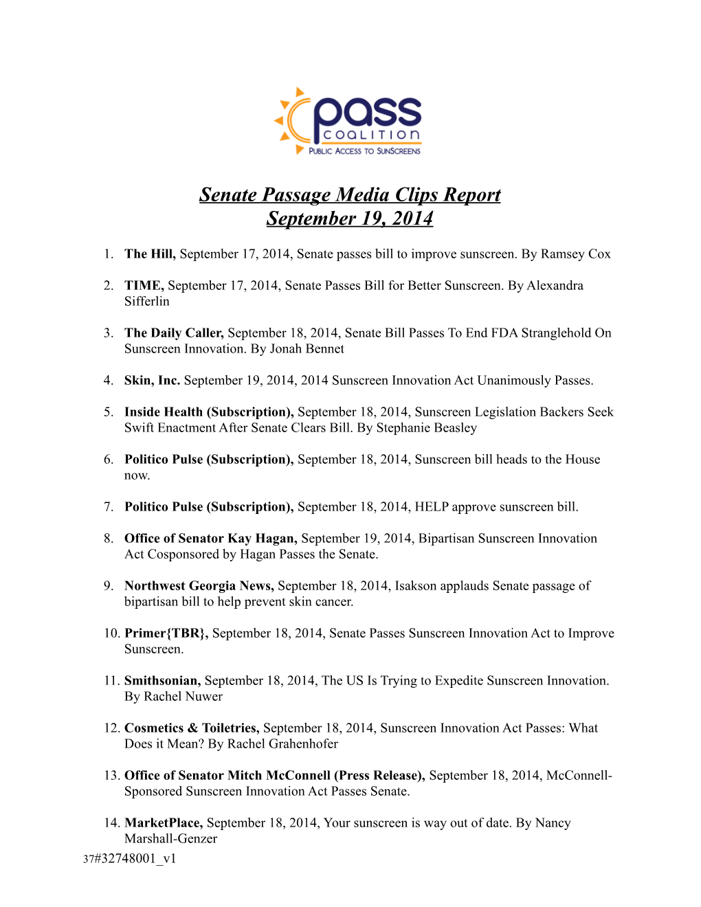 Senate Passage Media Clips Report September 19, 2014