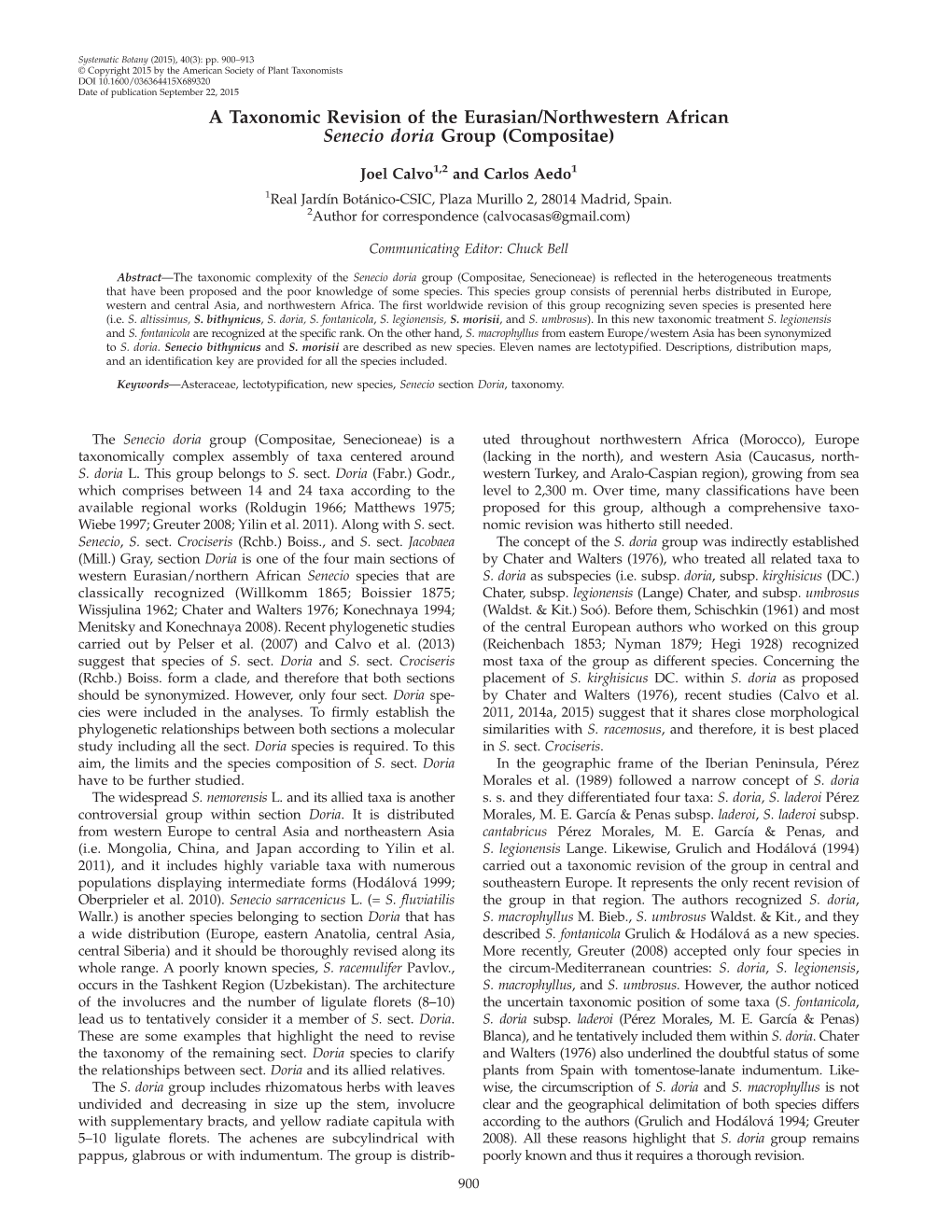 A Taxonomic Revision of the Eurasian/Northwestern African Senecio Doria Group (Compositae)