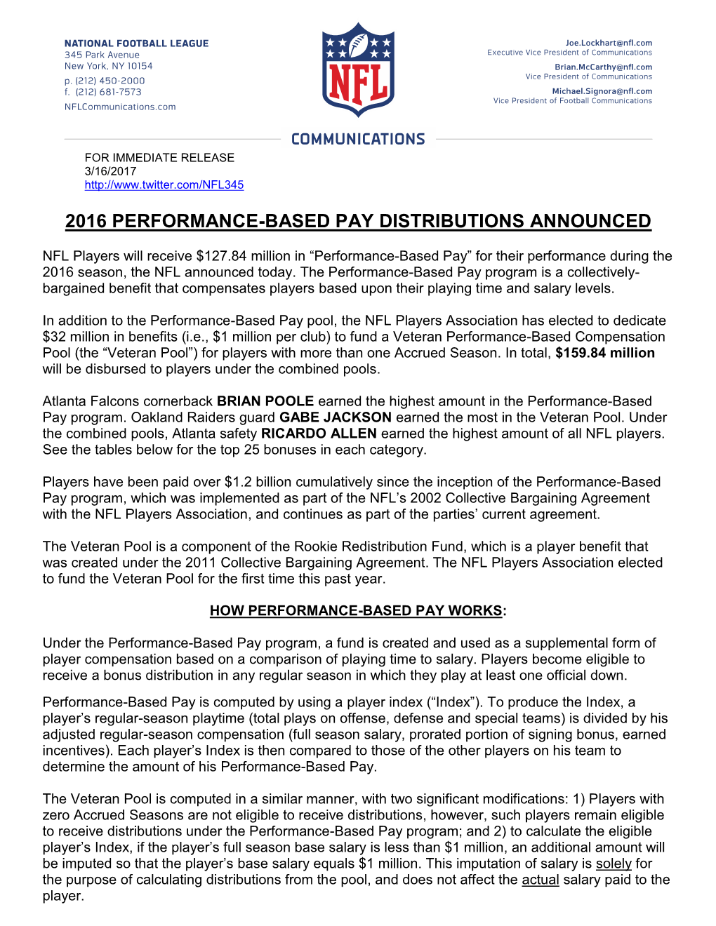 2016 Performance-Based Pay Distributions Announced