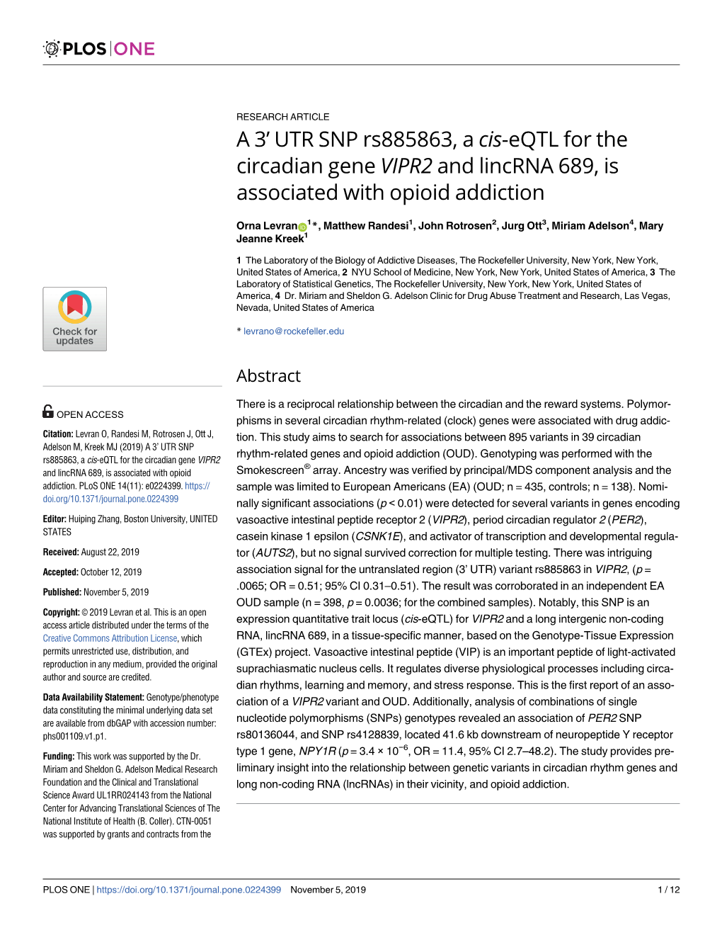 A 3' UTR SNP Rs885863, a Cis-Eqtl for the Circadian Gene VIPR2 and Lincrna 689, Is Associated with Opioid Addiction