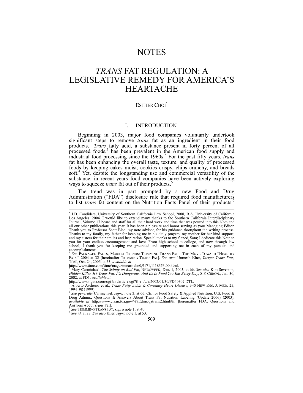 Notes Trans Fat Regulation: a Legislative Remedy For