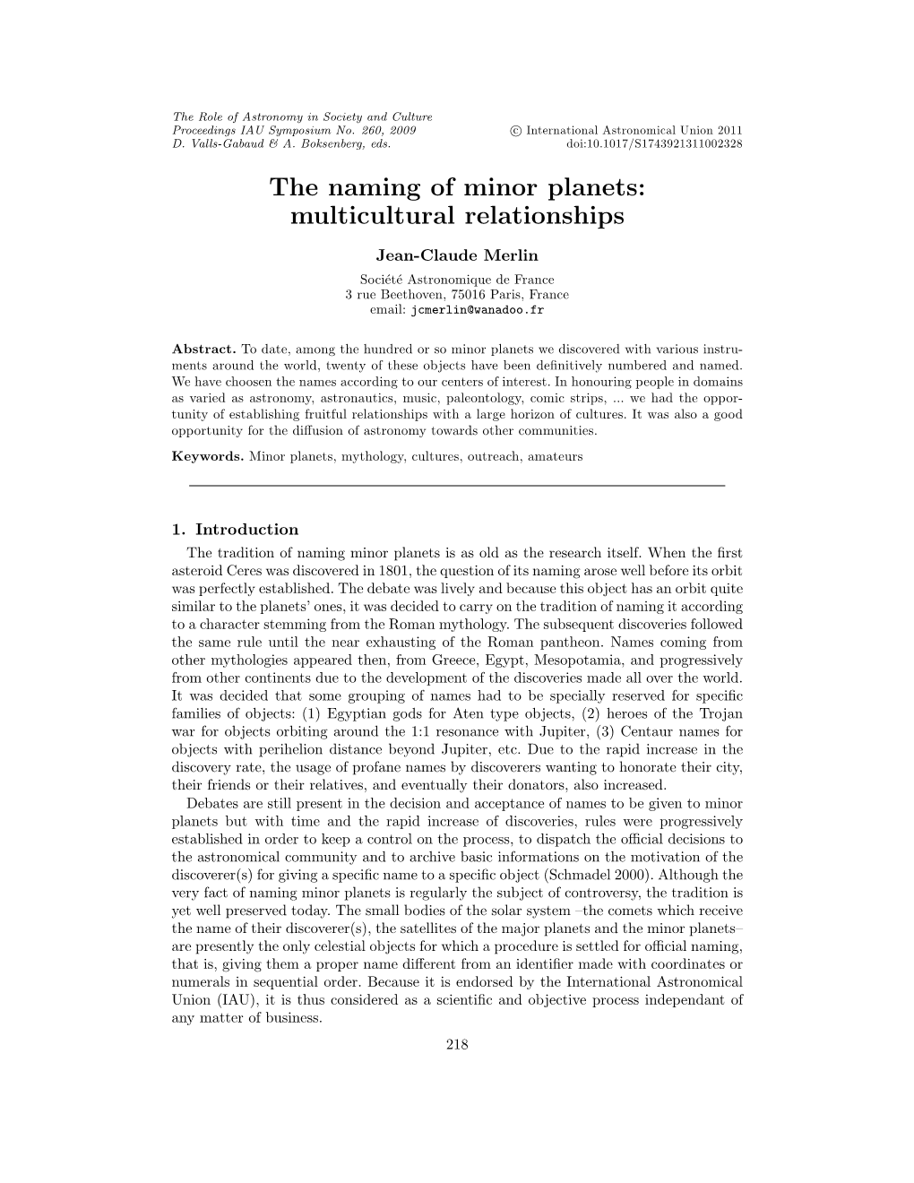 The Naming of Minor Planets: Multicultural Relationships