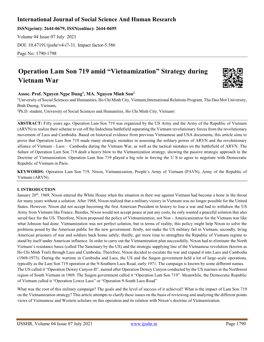 Operation Lam Son 719 Amid “Vietnamization” Strategy During Vietnam War