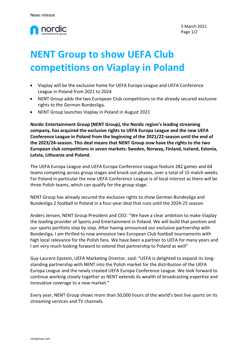 NENT Group to Show UEFA Club Competitions on Viaplay in Poland