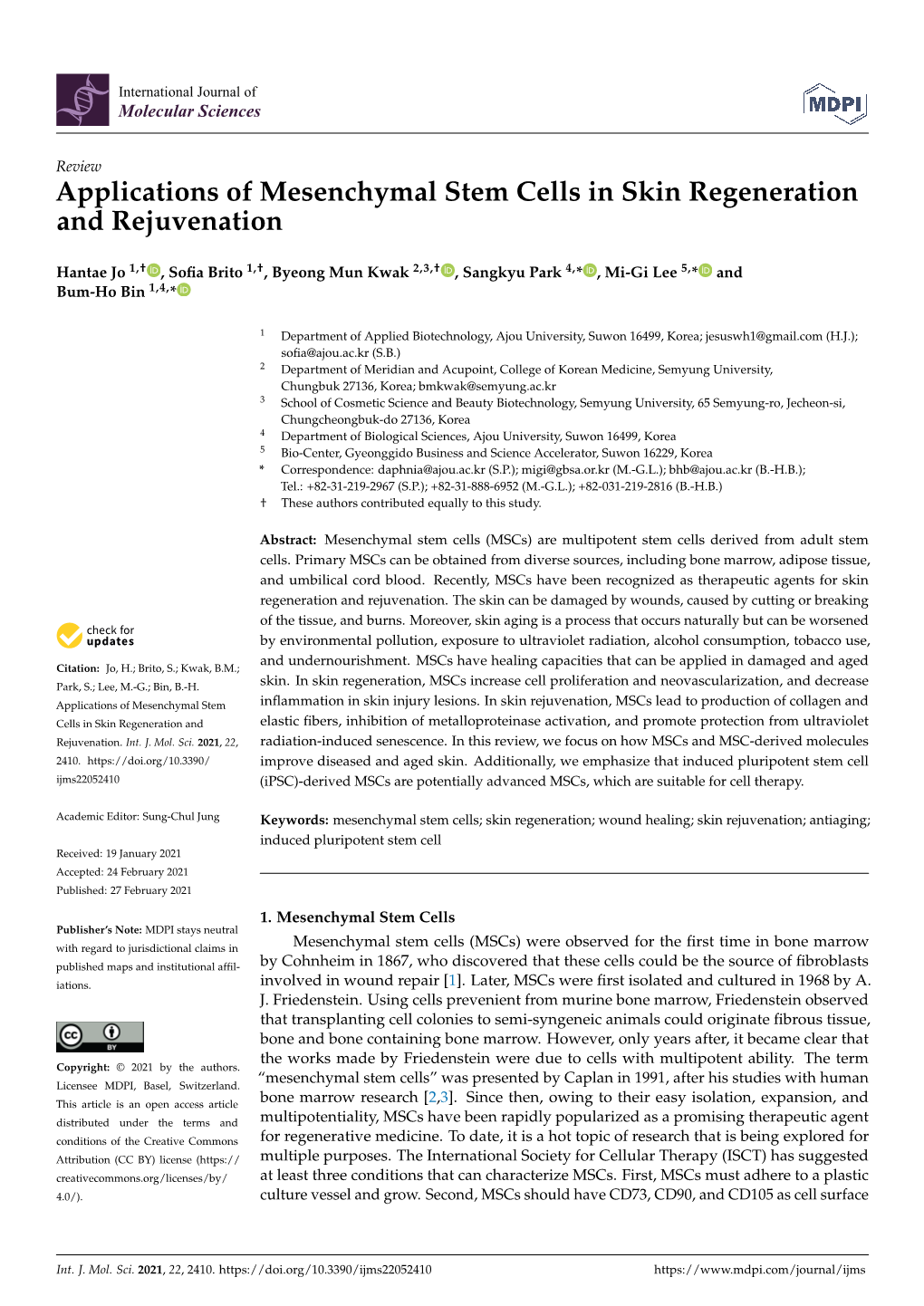 Applications of Mesenchymal Stem Cells in Skin Regeneration and Rejuvenation