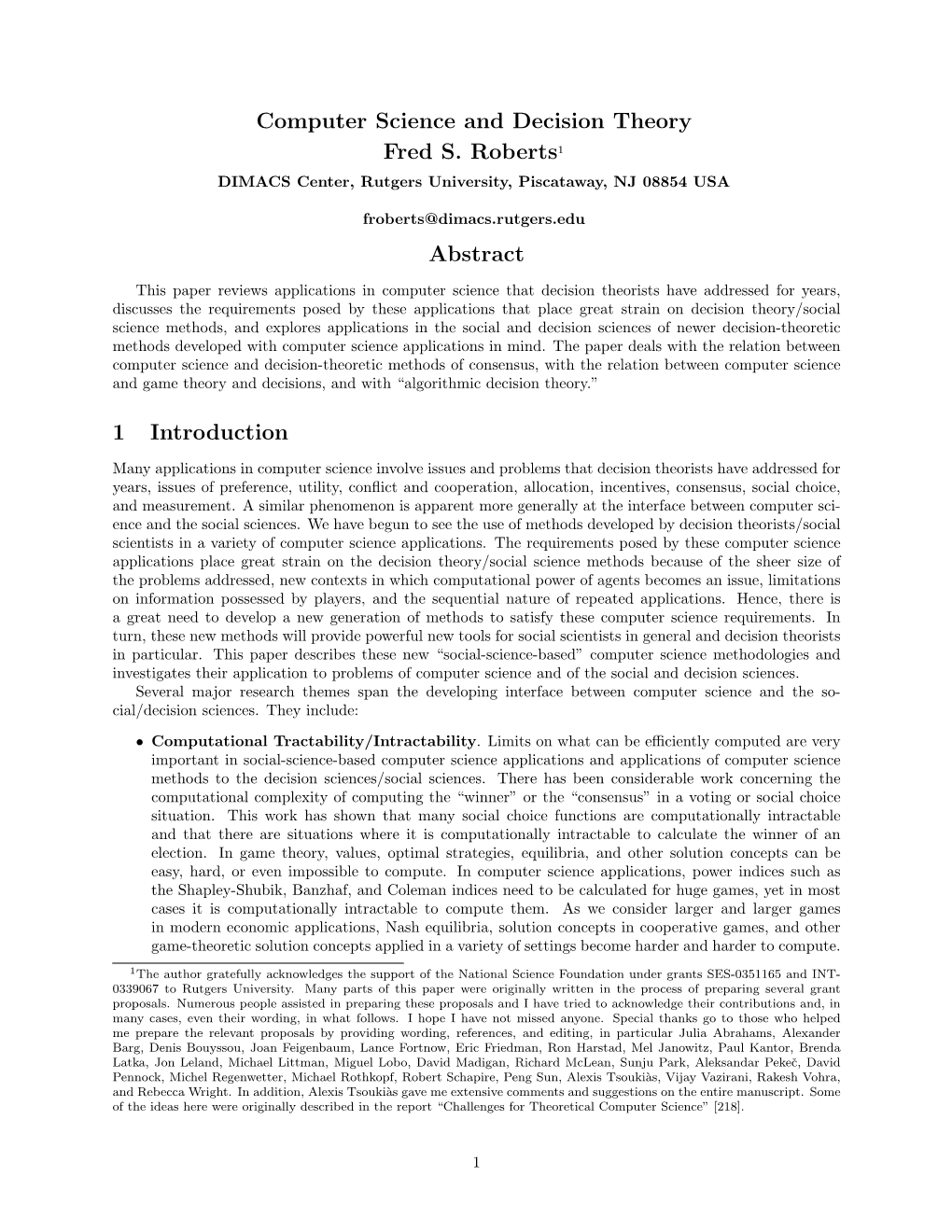 Computer Science and Decision Theory Fred S. Roberts1 Abstract 1