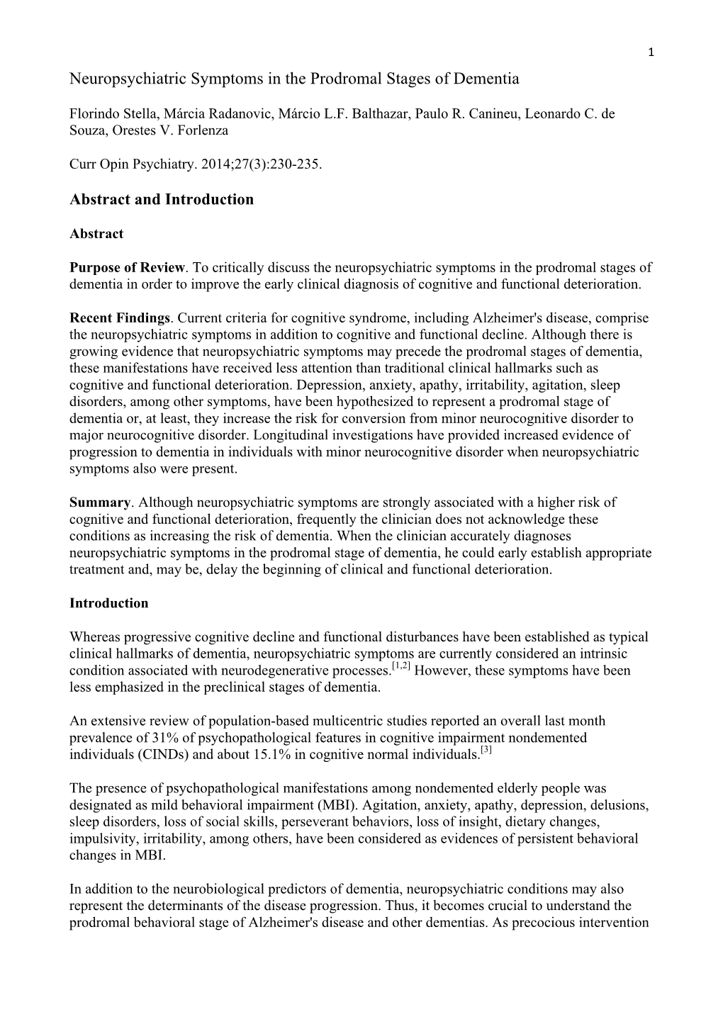 Neuropsychiatric Symptoms in the Prodromal Stages of Dementia