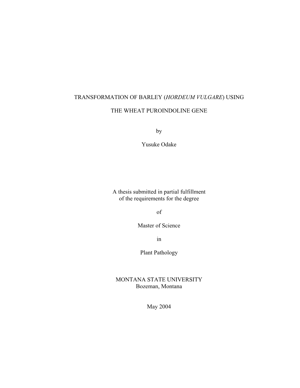 Transformation of Barley (Hordeum Vulgare) Using