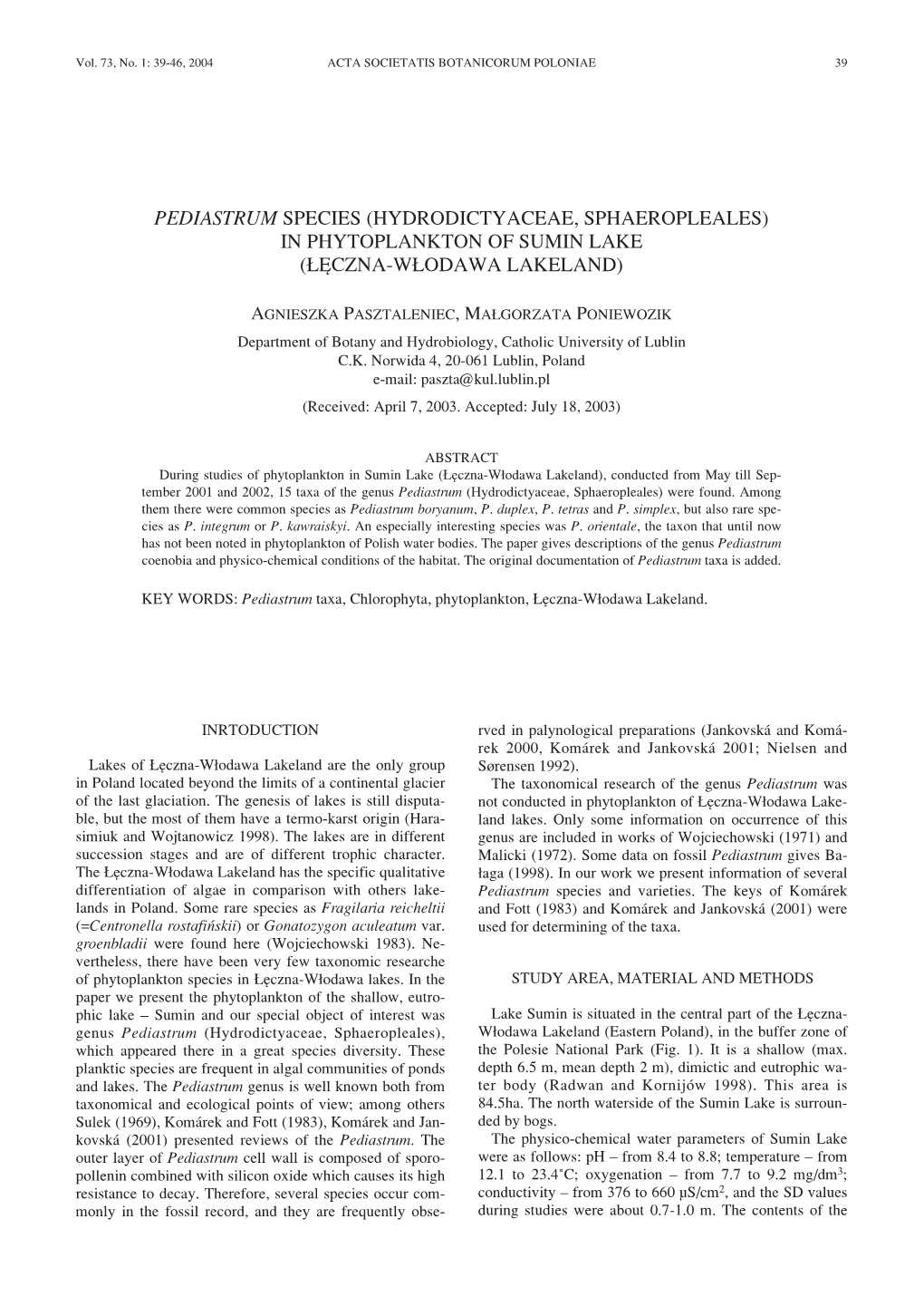 Pediastrum Species (Hydrodictyaceae, Sphaeropleales) in Phytoplankton of Sumin Lake (£Êczna-W£Odawa Lakeland)