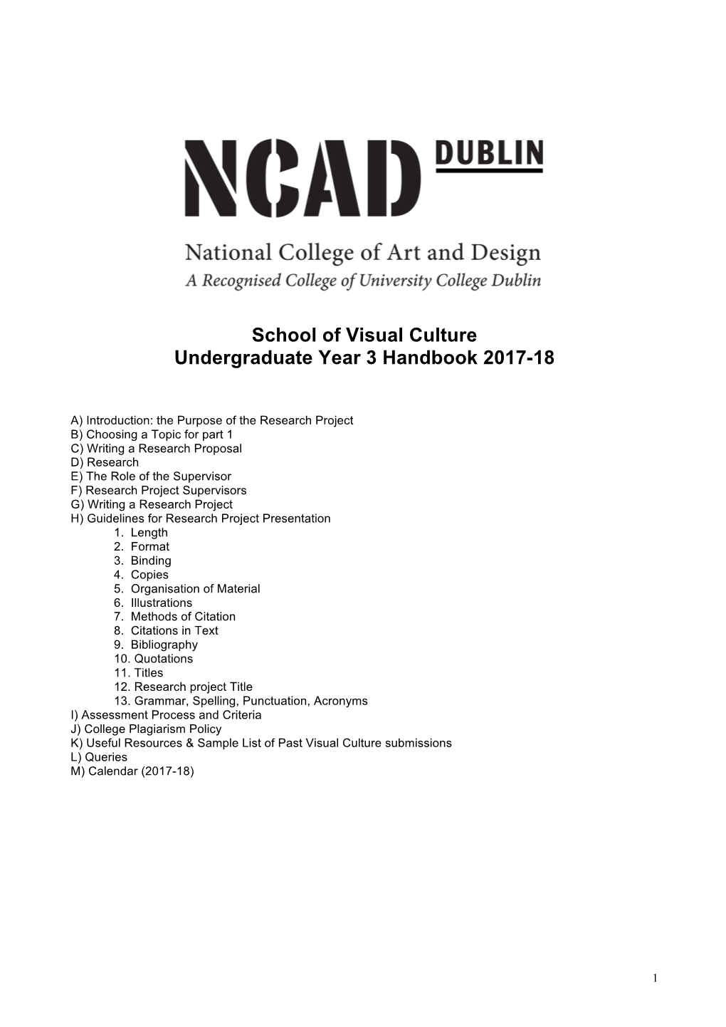 School of Visual Culture Undergraduate Year 3 Handbook 2017-18