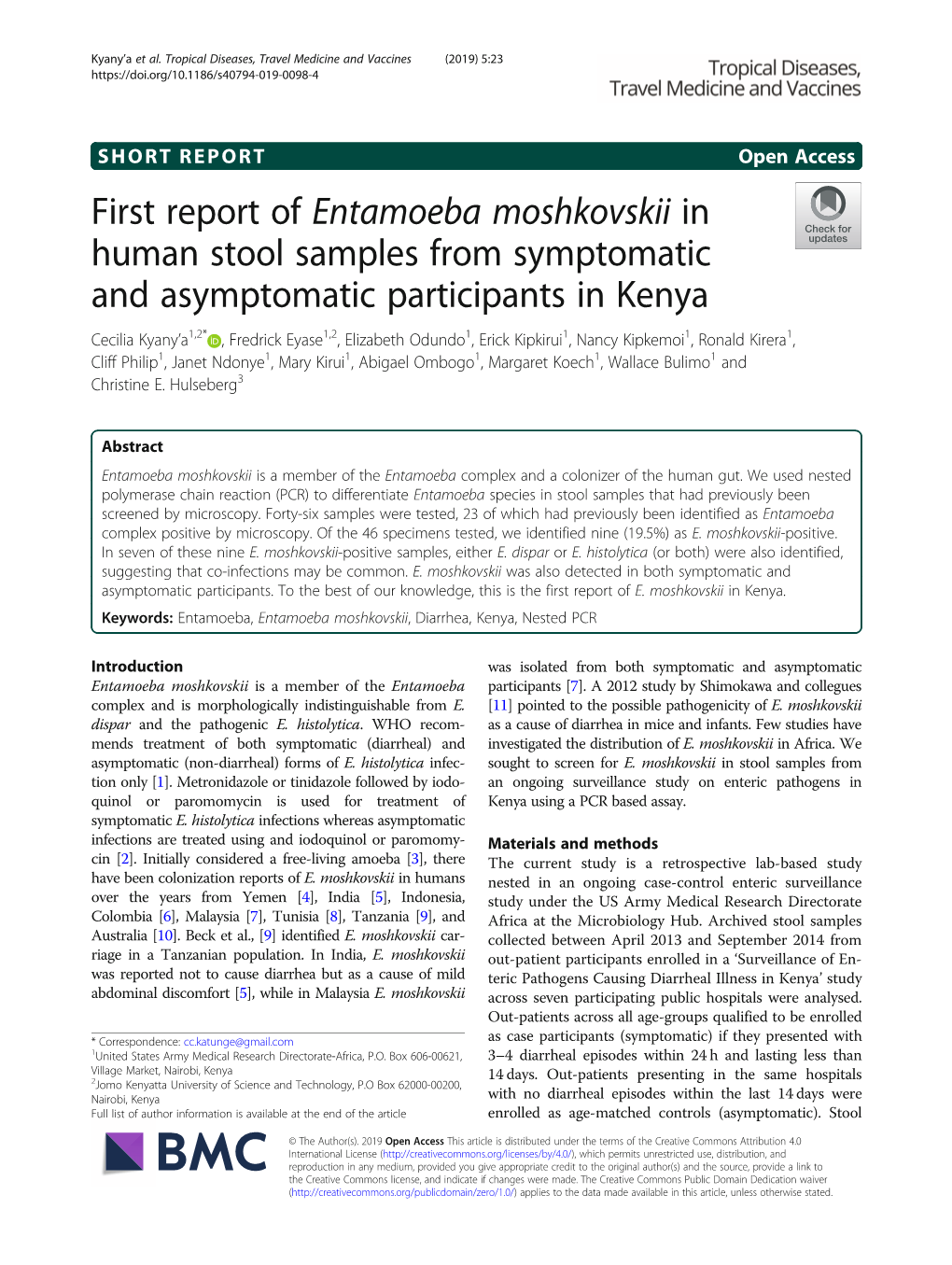 First Report of Entamoeba Moshkovskii in Human Stool Samples From