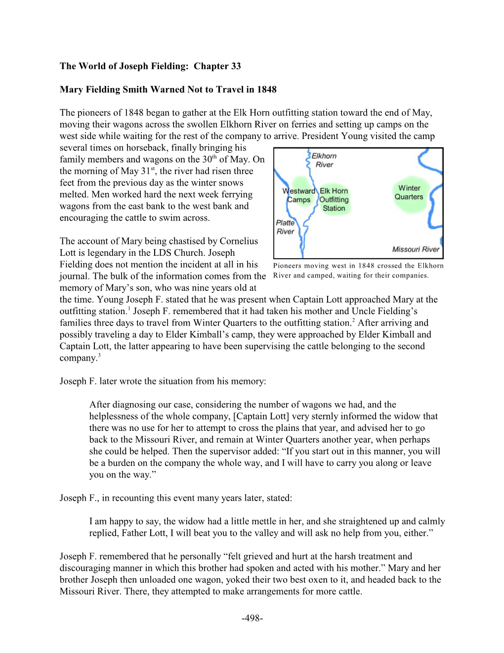 498- the World of Joseph Fielding: Chapter 33 Mary Fielding Smith Warned Not to Travel in 1848 the Pioneers of 1848 Began to G