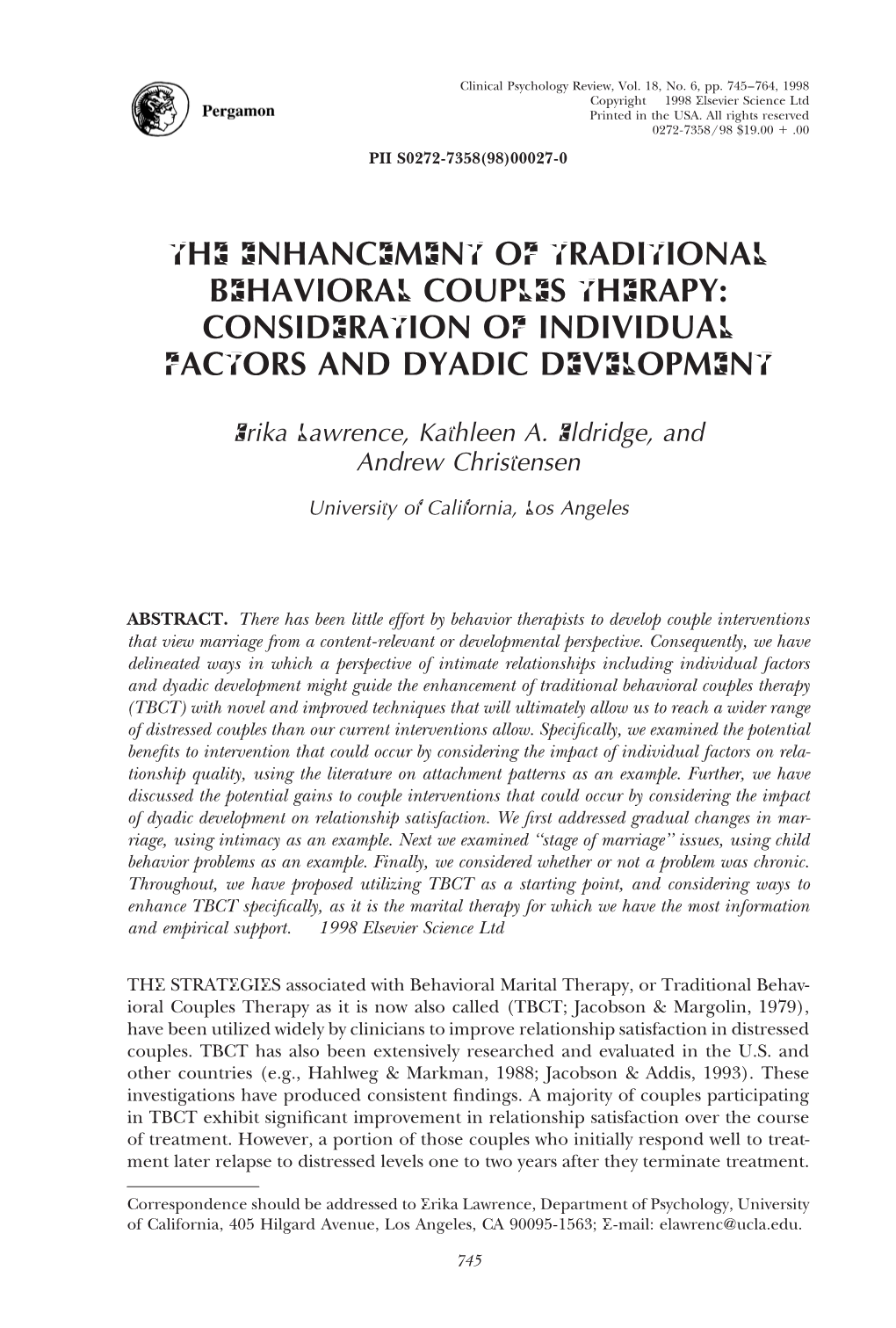 The Enhancement of Traditional Behavioral Couples Therapy: Consideration of Individual Factors and Dyadic Development