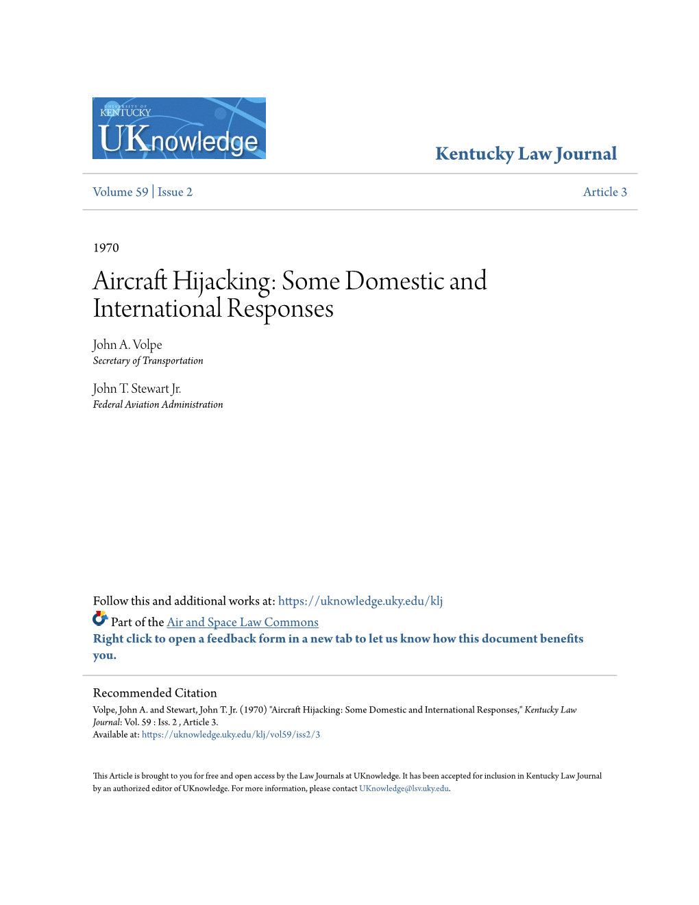 Aircraft Hijacking: Some Domestic and International Responses