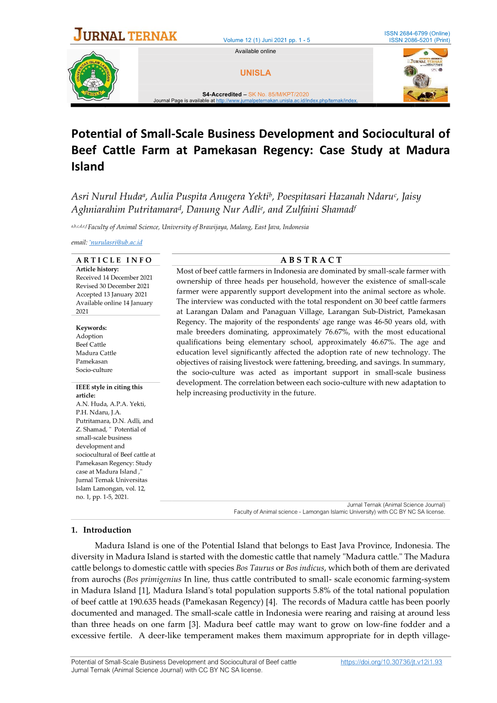 Potential of Small-Scale Business Development and Sociocultural of Beef Cattle Farm at Pamekasan Regency: Case Study at Madura Island