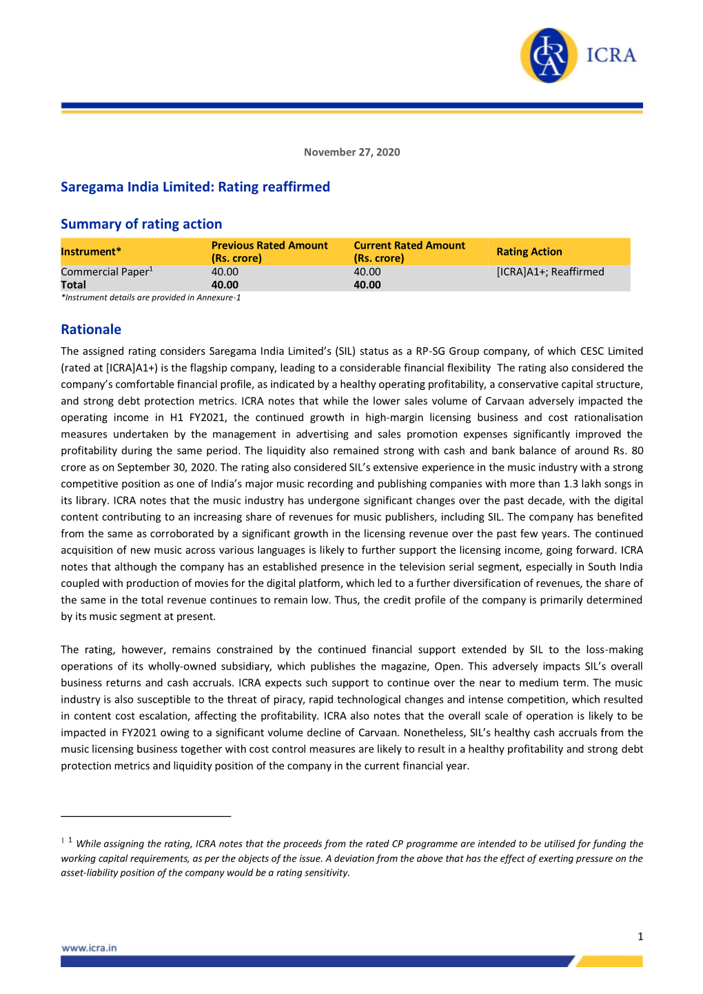 Saregama India Limited: Rating Reaffirmed Summary of Rating Action