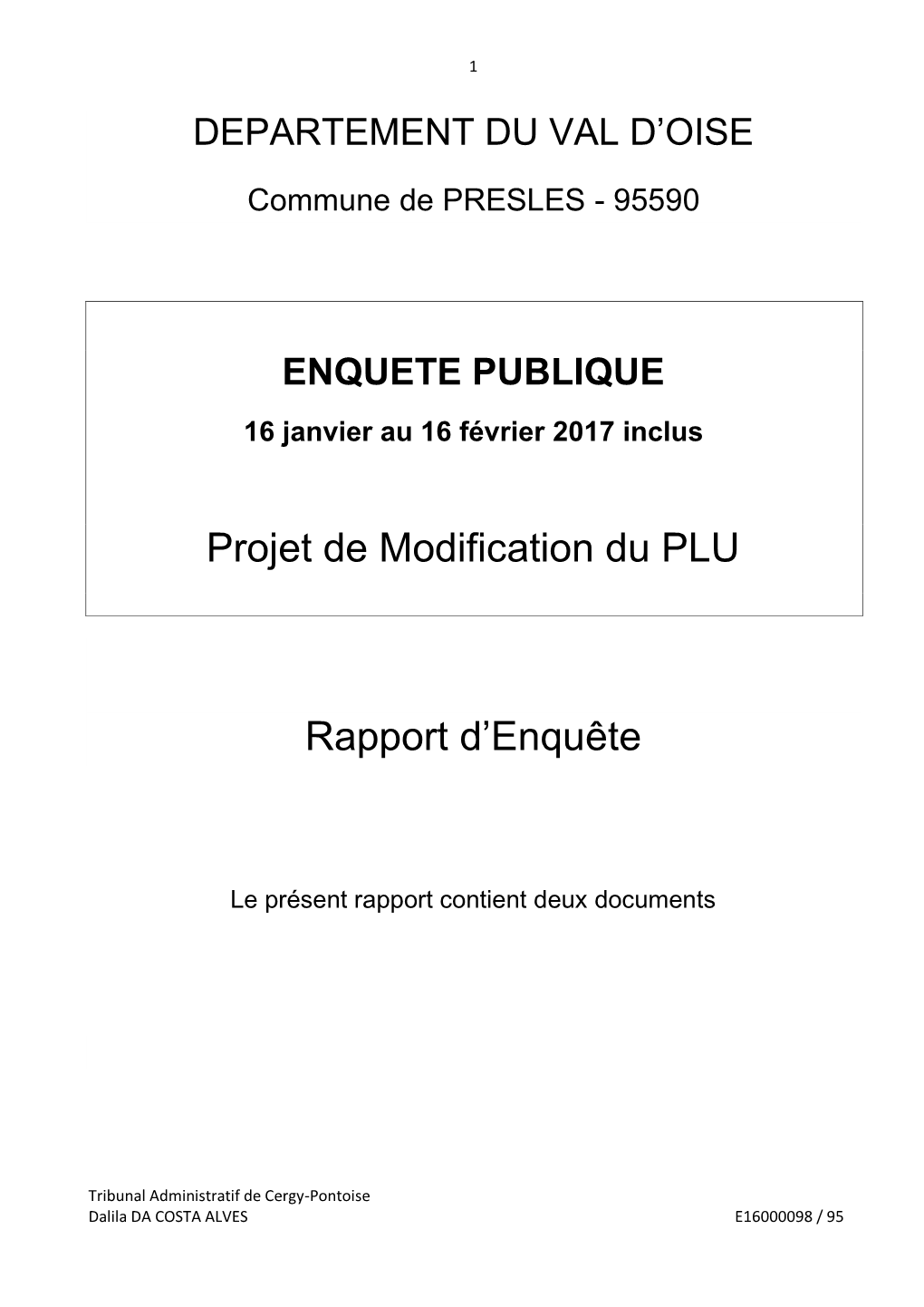 Projet De Modification Du PLU Rapport D'enquête