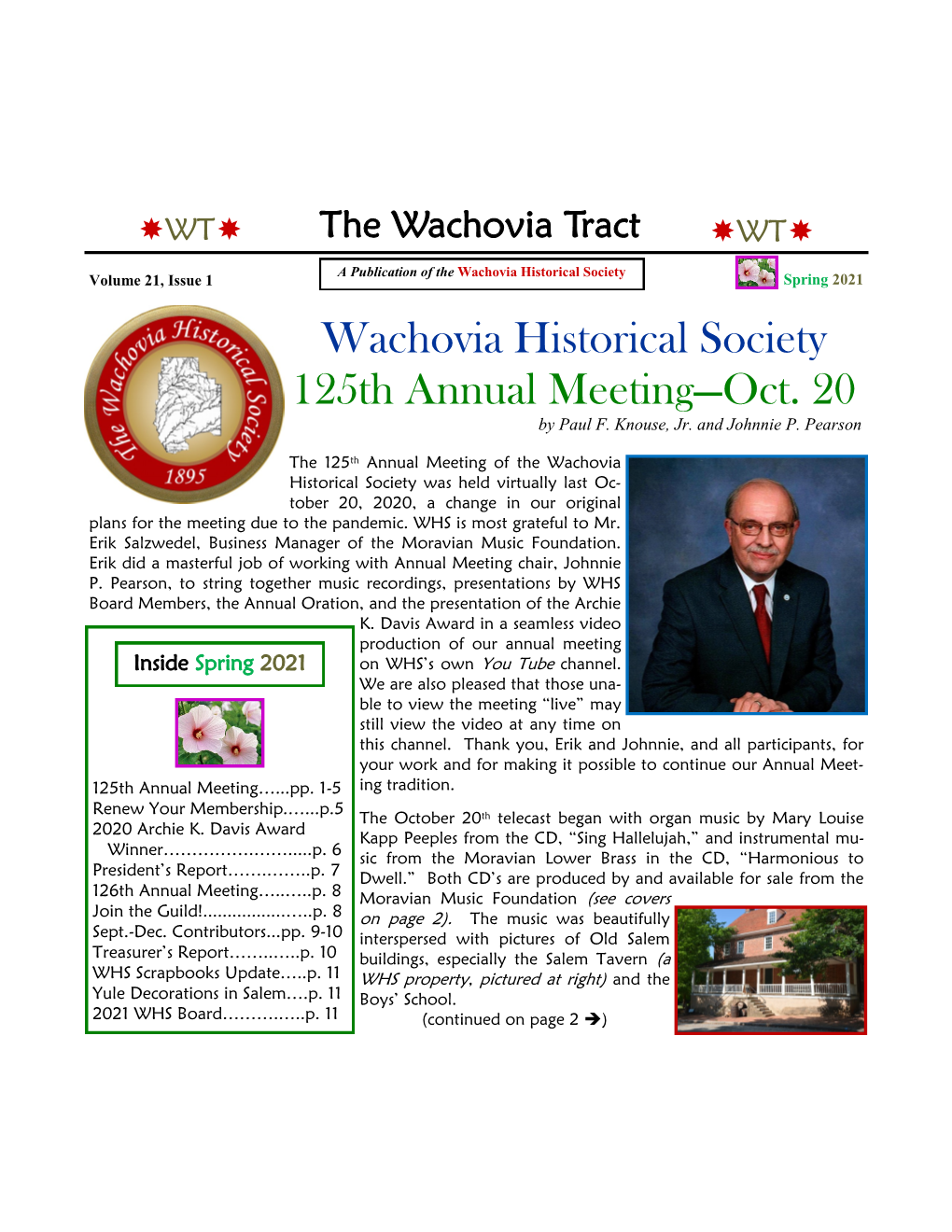 2021 Wachovia Historical Society 125Th Annual Meeting—Oct