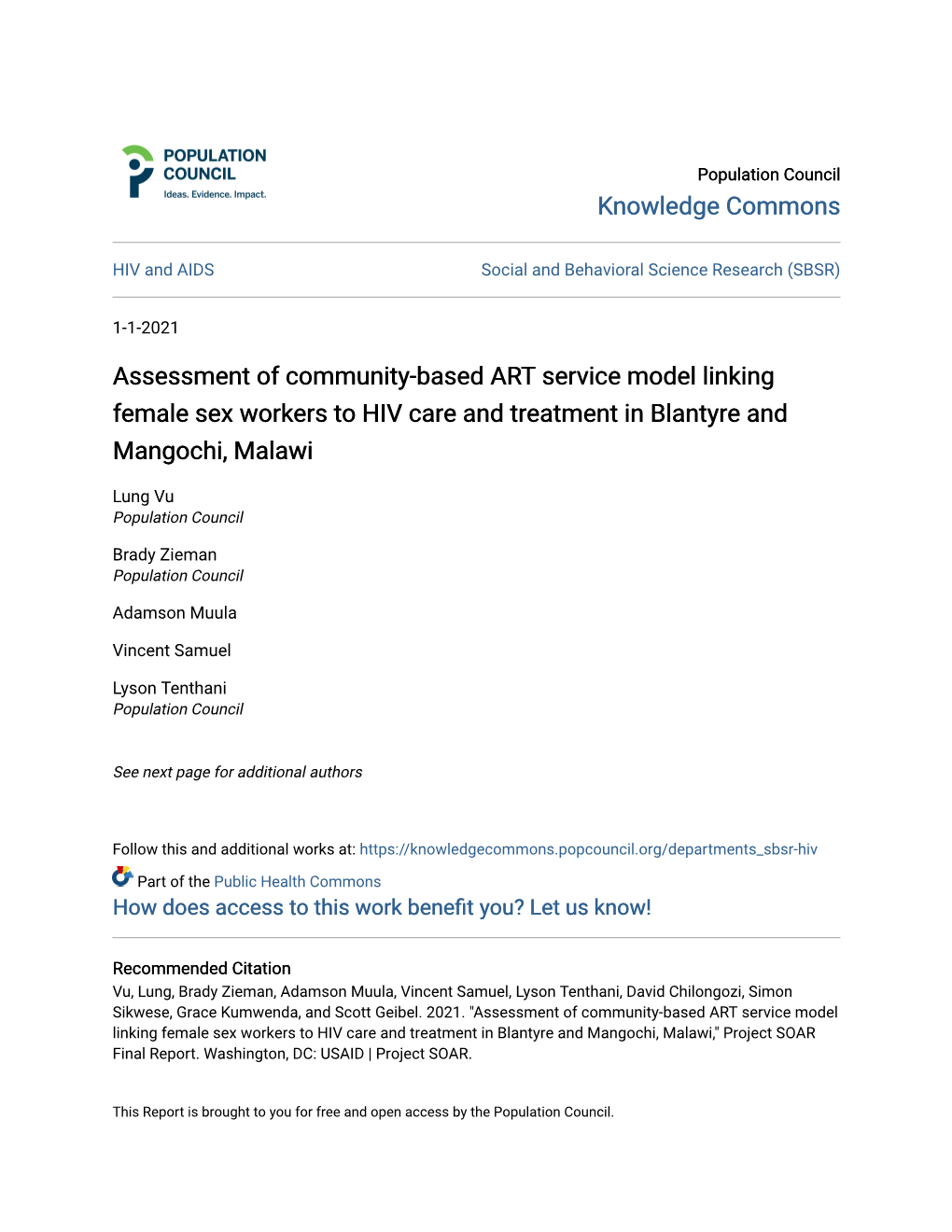 Assessment of Community-Based ART Service Model Linking Female Sex Workers to HIV Care and Treatment in Blantyre and Mangochi, Malawi