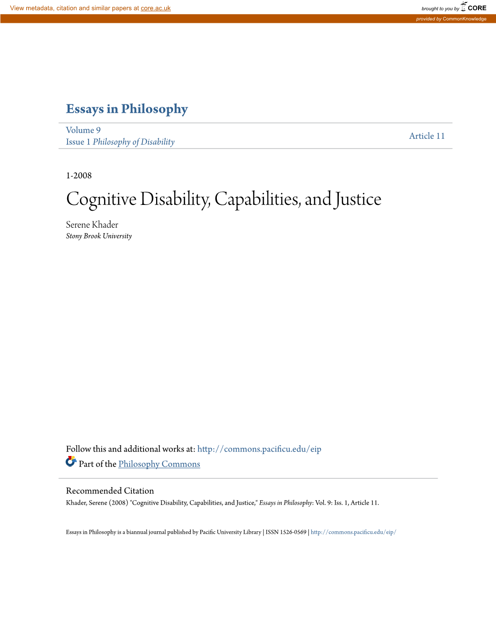 Cognitive Disability, Capabilities, and Justice Serene Khader Stony Brook University