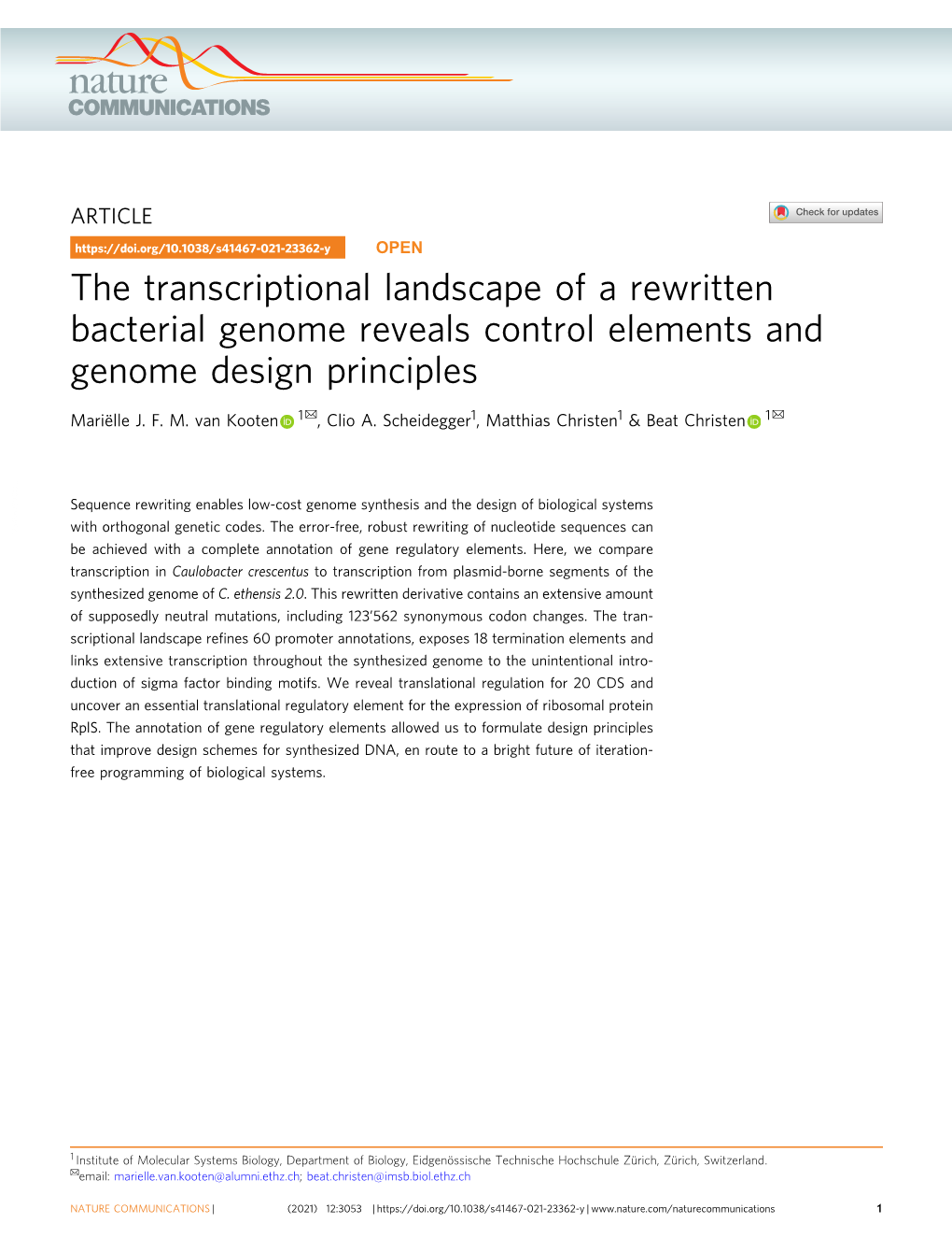 The Transcriptional Landscape of a Rewritten Bacterial Genome Reveals Control Elements and Genome Design Principles ✉ ✉ Mariëlle J