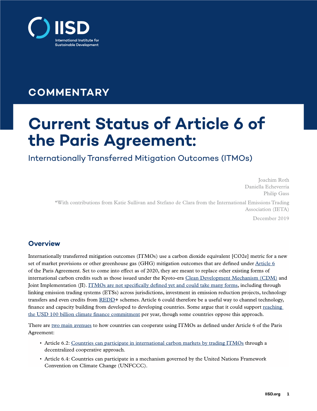 Current Status of Article 6 of the Paris Agreement: Internationally Transferred Mitigation Outcomes (Itmos)