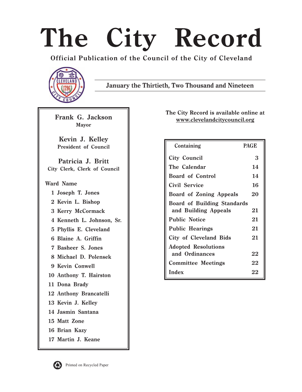 City Record Official Publication of the Council of the City of Cleveland