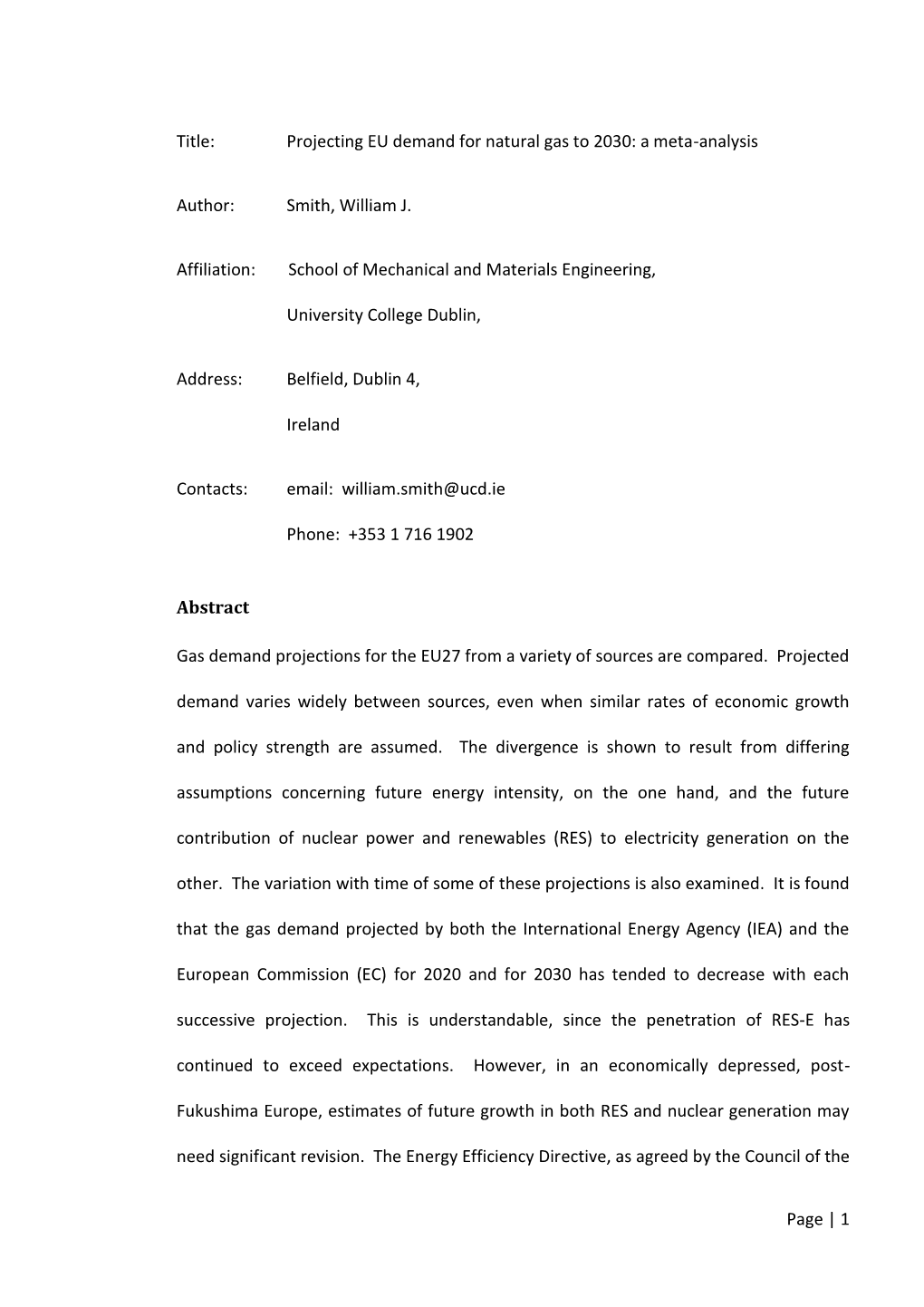 Projecting EU Demand for Natural Gas to 2030: a Meta-Analysis Author