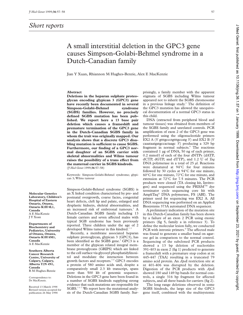Short Reports a Small Interstitial Deletion in the GPC3 Gene Causes Simpson-Golabi-Behmel Syndrome in a Dutch-Canadian Family