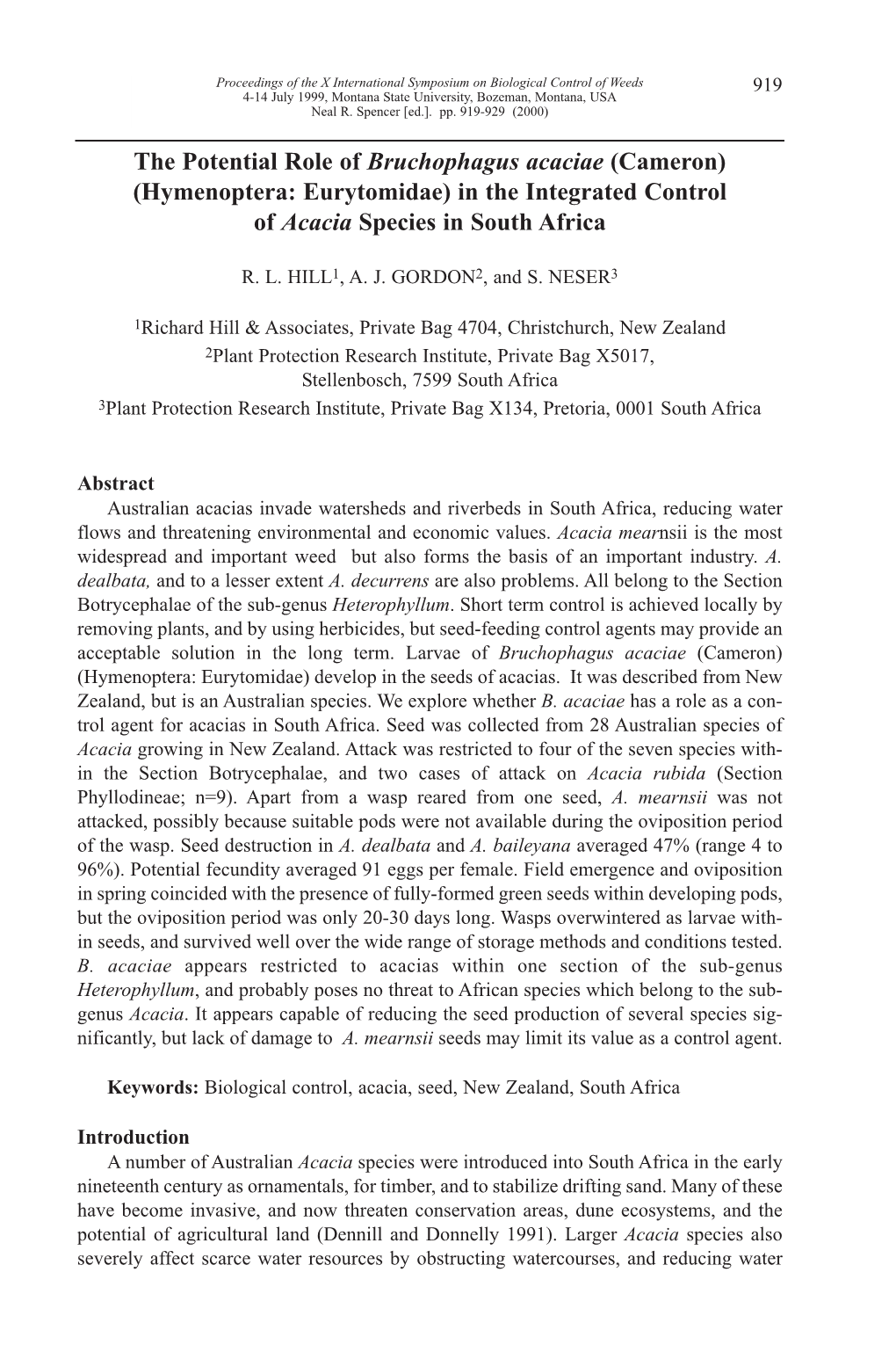 (Hymenoptera: Eurytomidae) in the Integrated Control of Acacia Species in South Africa