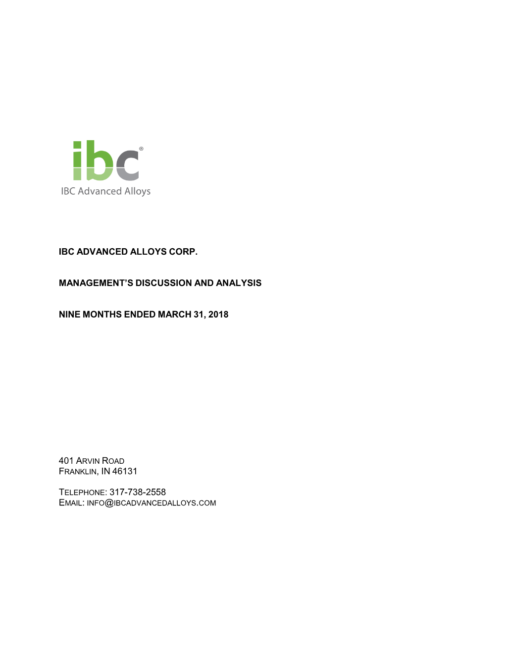 Ibc Advanced Alloys Corp. Management's Discussion