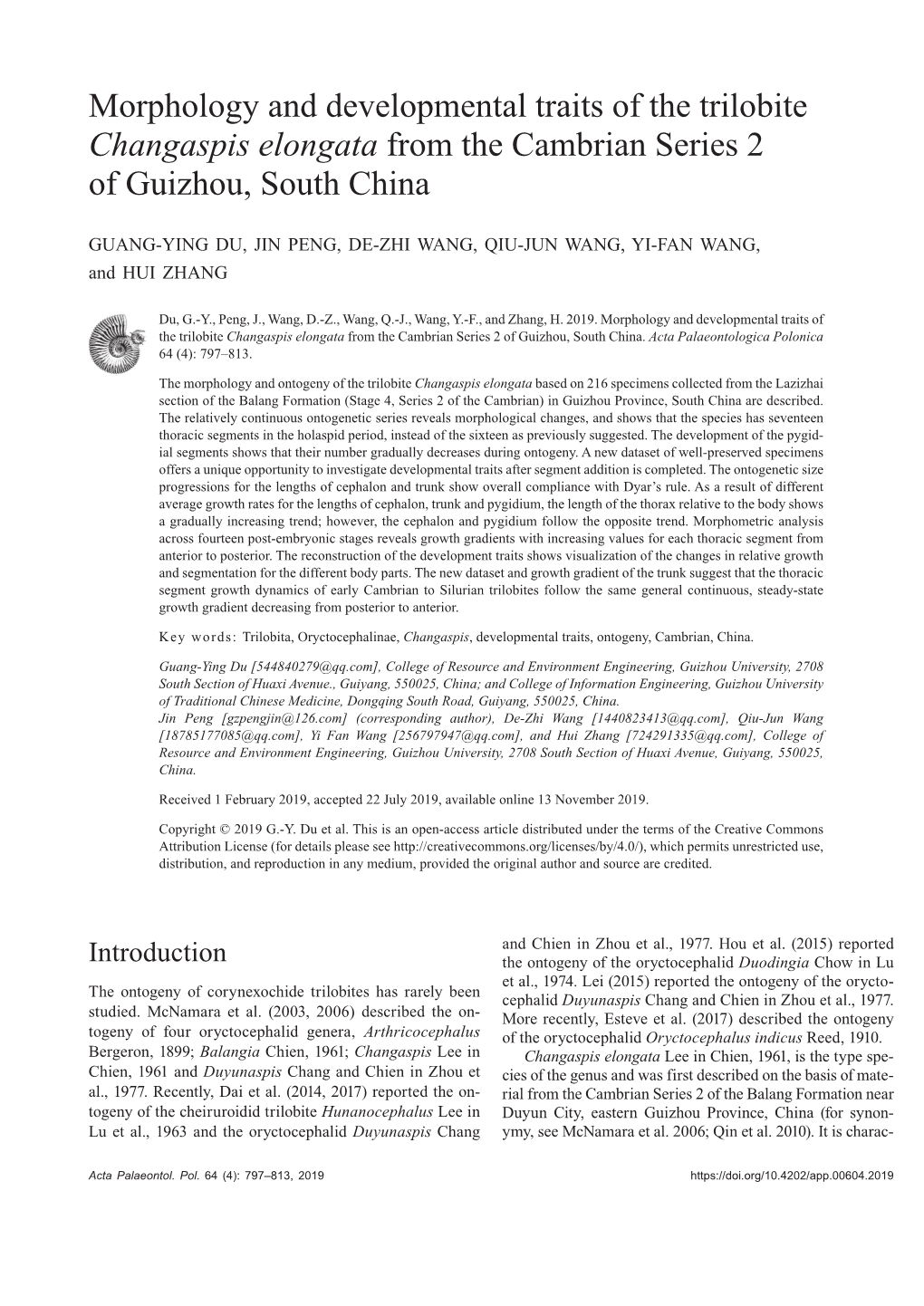 Morphology and Developmental Traits of the Trilobite Changaspis Elongata from the Cambrian Series 2 of Guizhou, South China