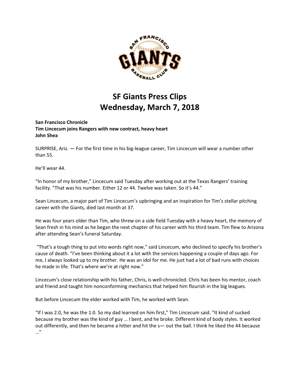 SF Giants Press Clips Wednesday, March 7, 2018