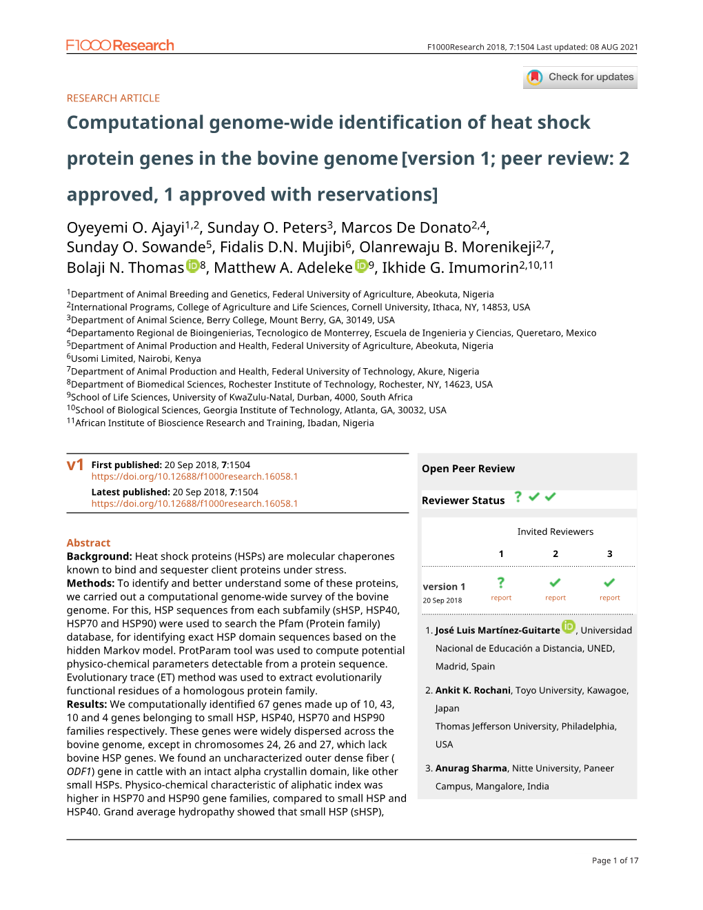 Computational Genome-Wide Identification of Heat Shock Protein Genes in the Bovine Genome [Version 1; Peer Review: 2 Approved, 1 Approved with Reservations]