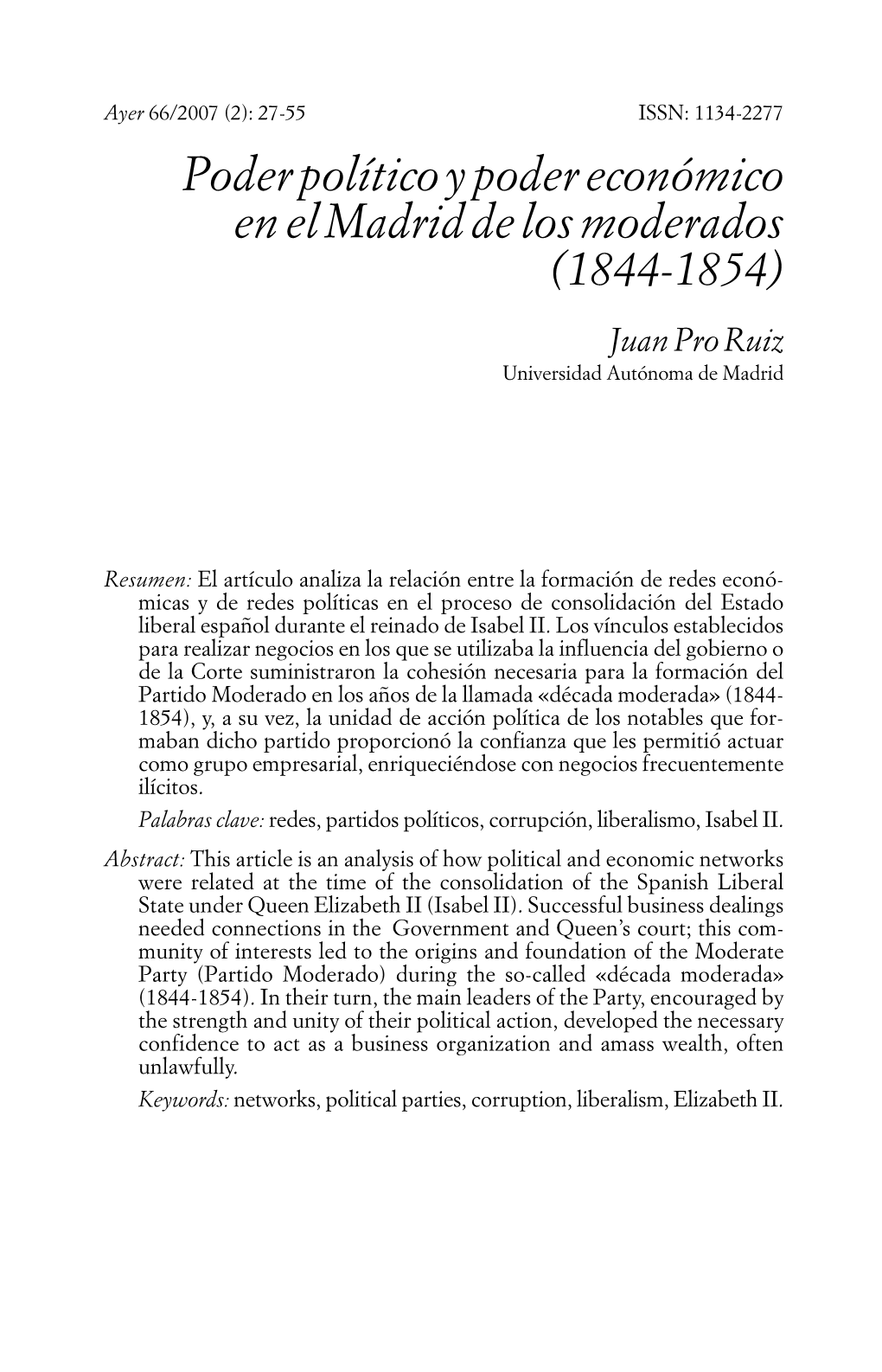 Poder Político Y Poder Económico En El Madrid De Los Moderados (1844-1854) Juan Pro Ruiz Universidad Autónoma De Madrid