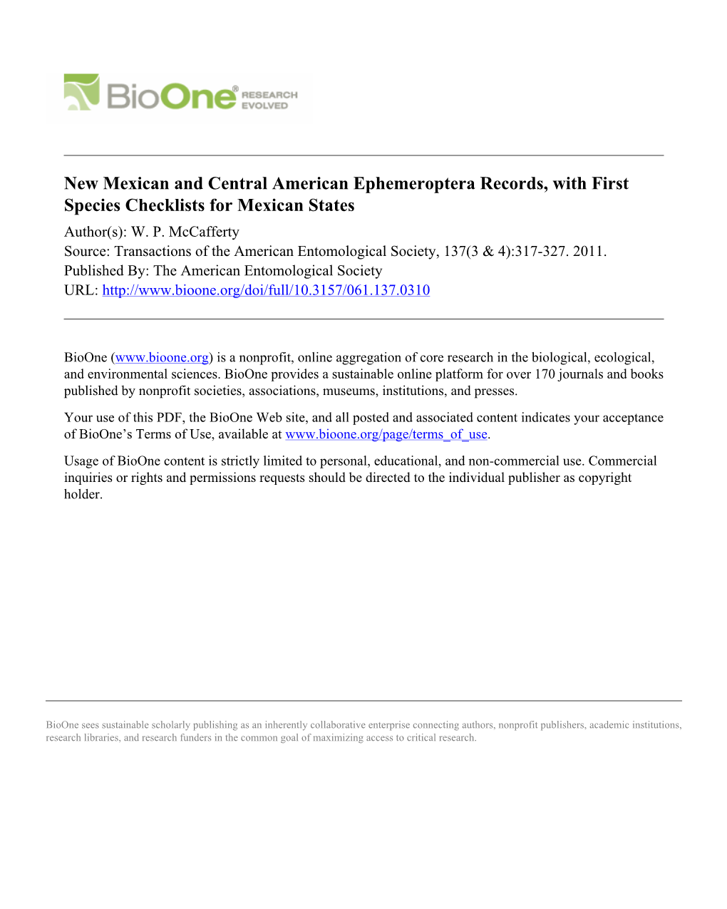 New Mexican and Central American Ephemeroptera Records, with First Species Checklists for Mexican States Author(S): W