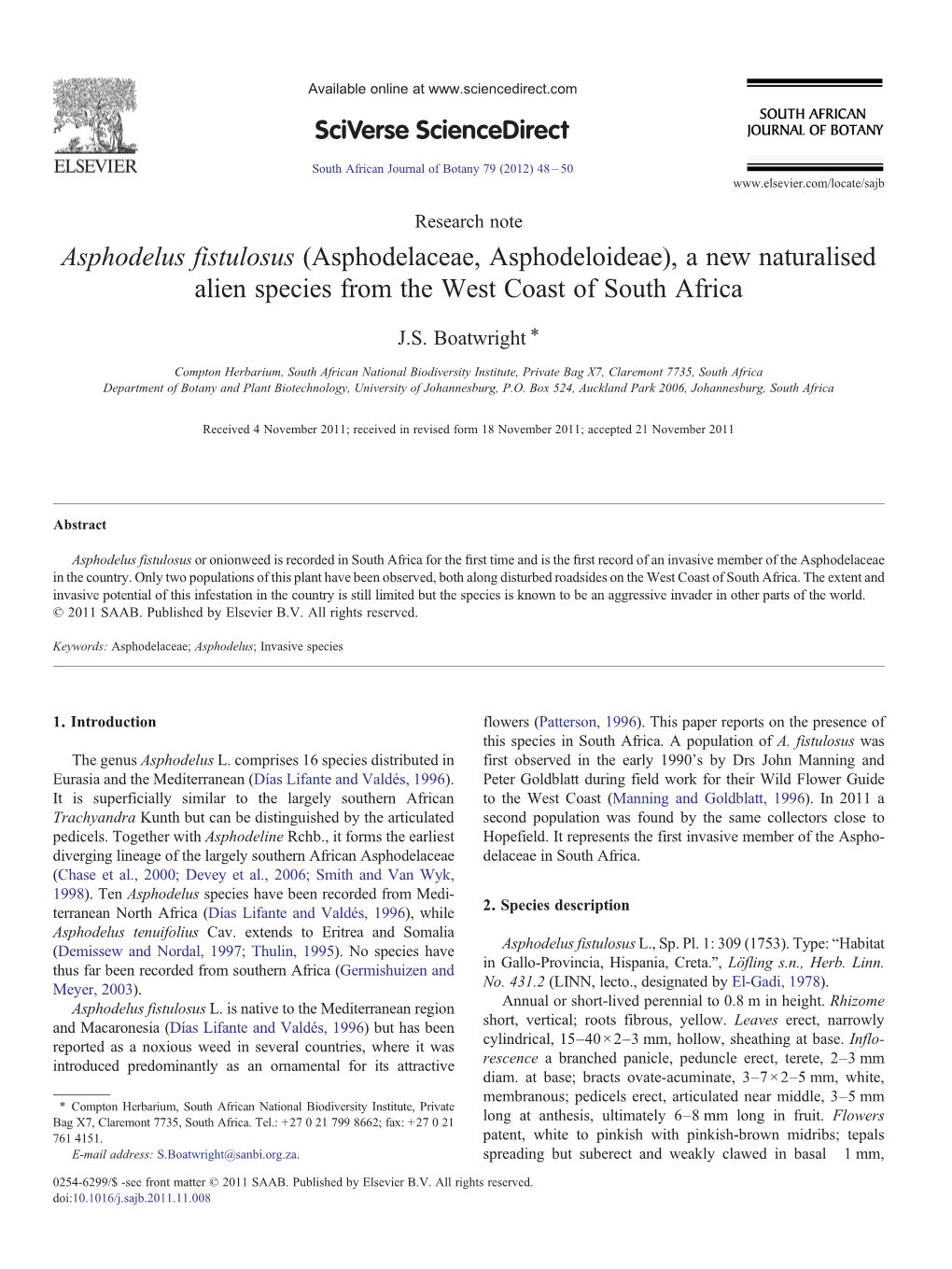 Asphodelus Fistulosus (Asphodelaceae, Asphodeloideae), a New Naturalised Alien Species from the West Coast of South Africa ⁎ J.S