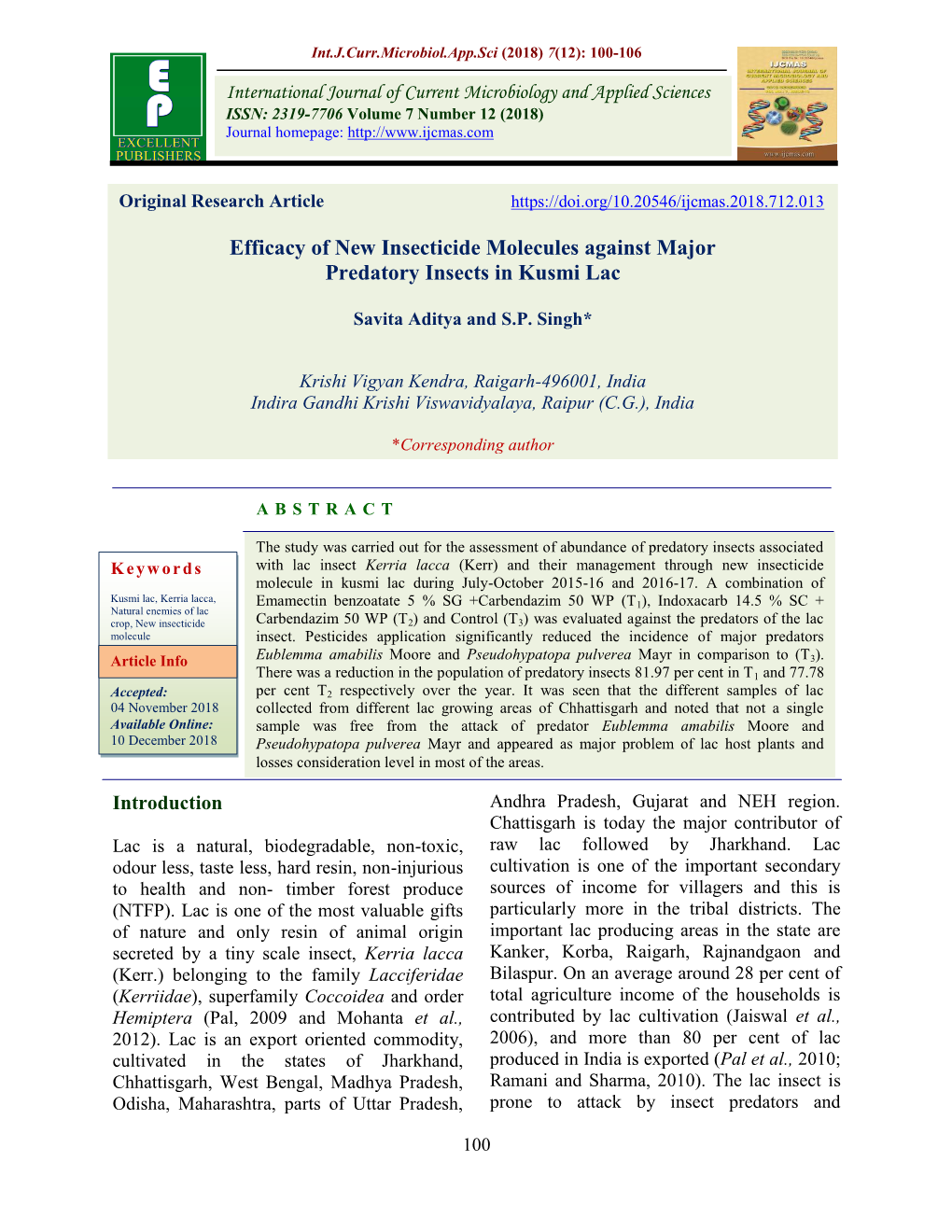 Efficacy of New Insecticide Molecules Against Major Predatory Insects in Kusmi Lac