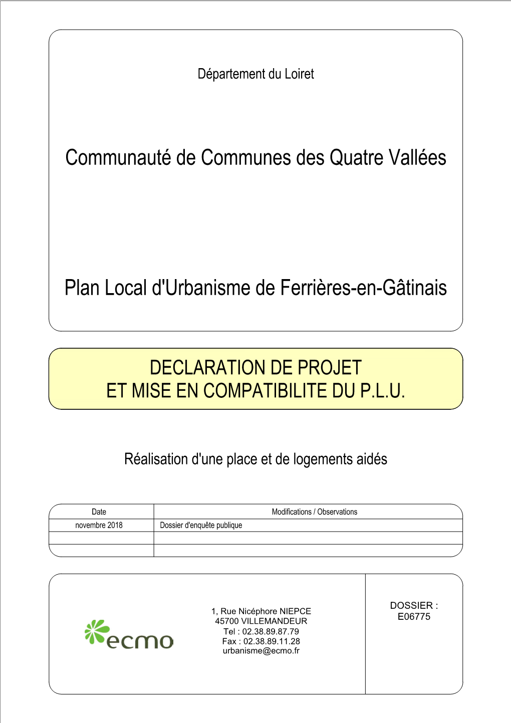 Plan Local D'urbanisme De Ferrières-En-Gâtinais Communauté