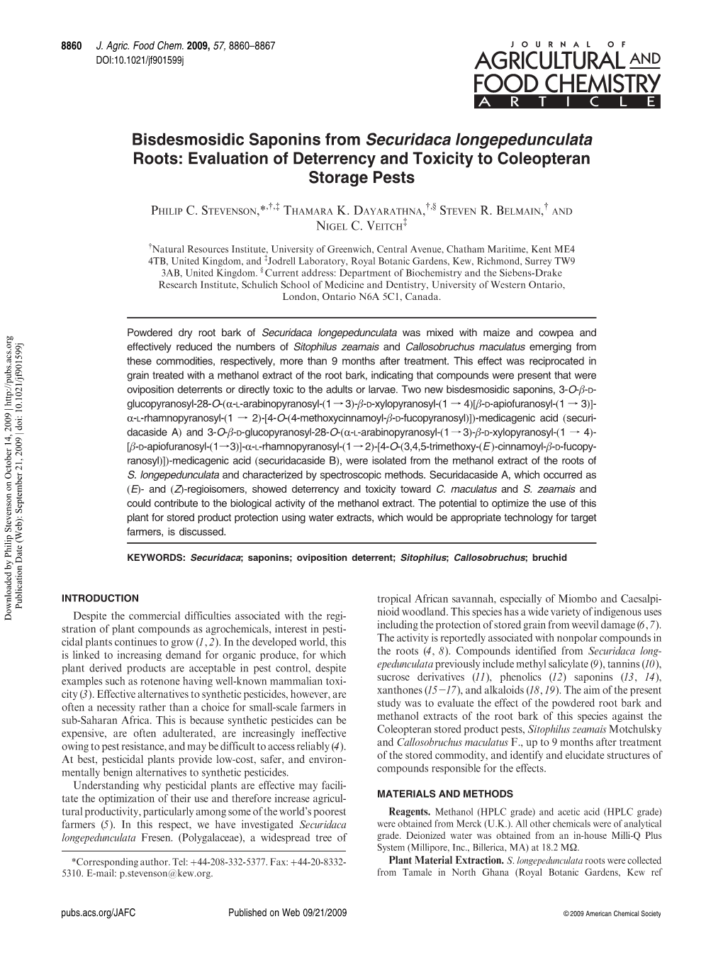 Bisdesmosidic Saponins from Securidaca Longepedunculata Roots: Evaluation of Deterrency and Toxicity to Coleopteran Storage Pests